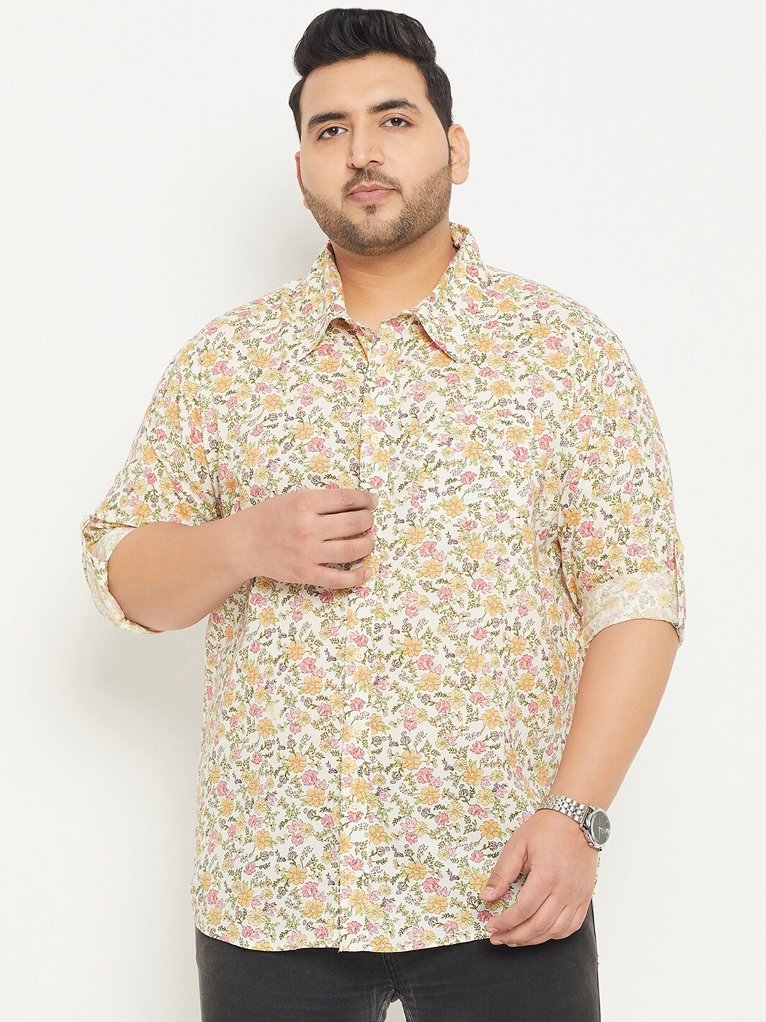 

bigbanana Plus Size Floral Printed Cotton Classic Casual Shirt, Cream
