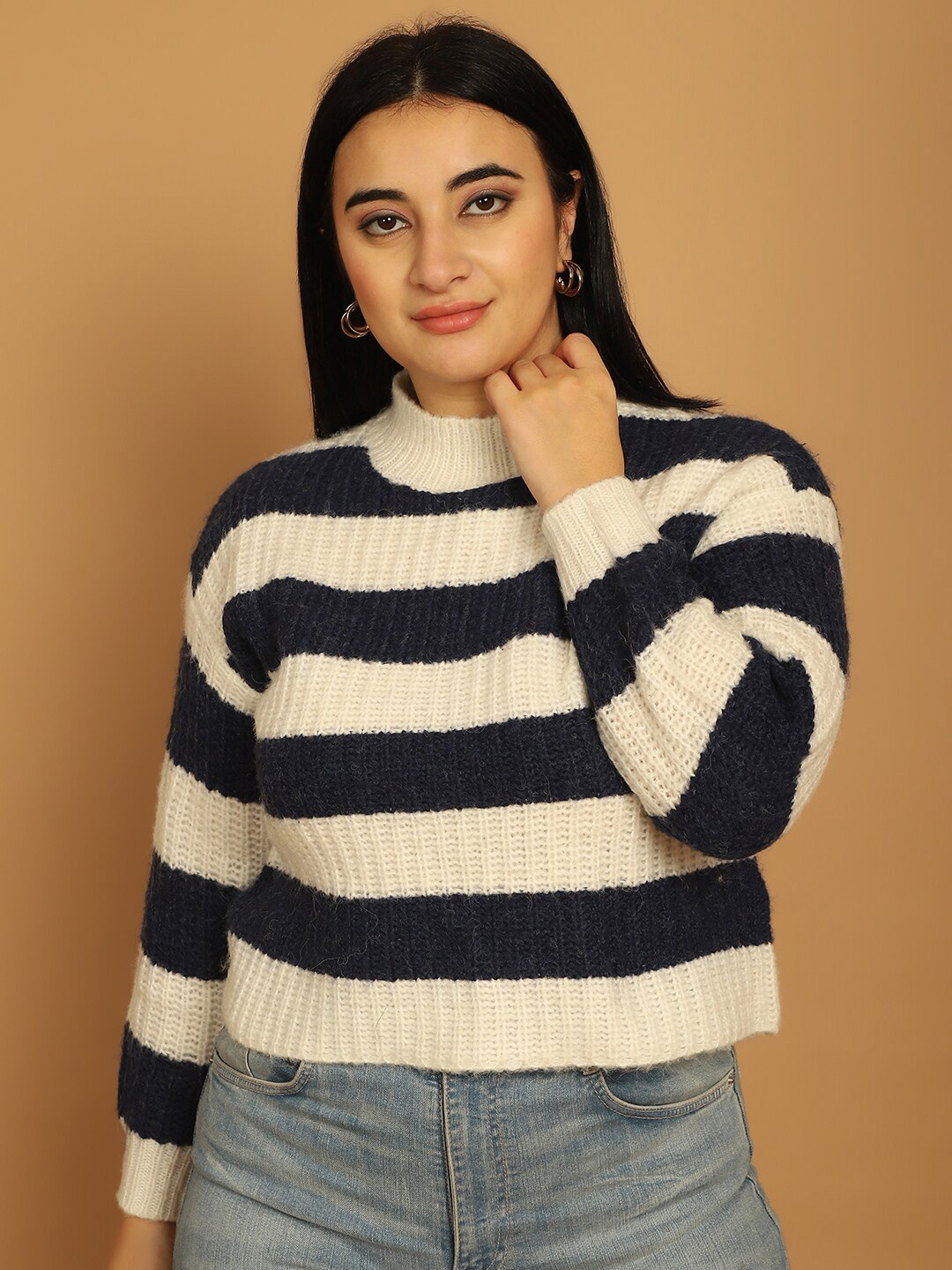 

NoBarr Striped Mock Collar Cotton Pullover, Navy blue