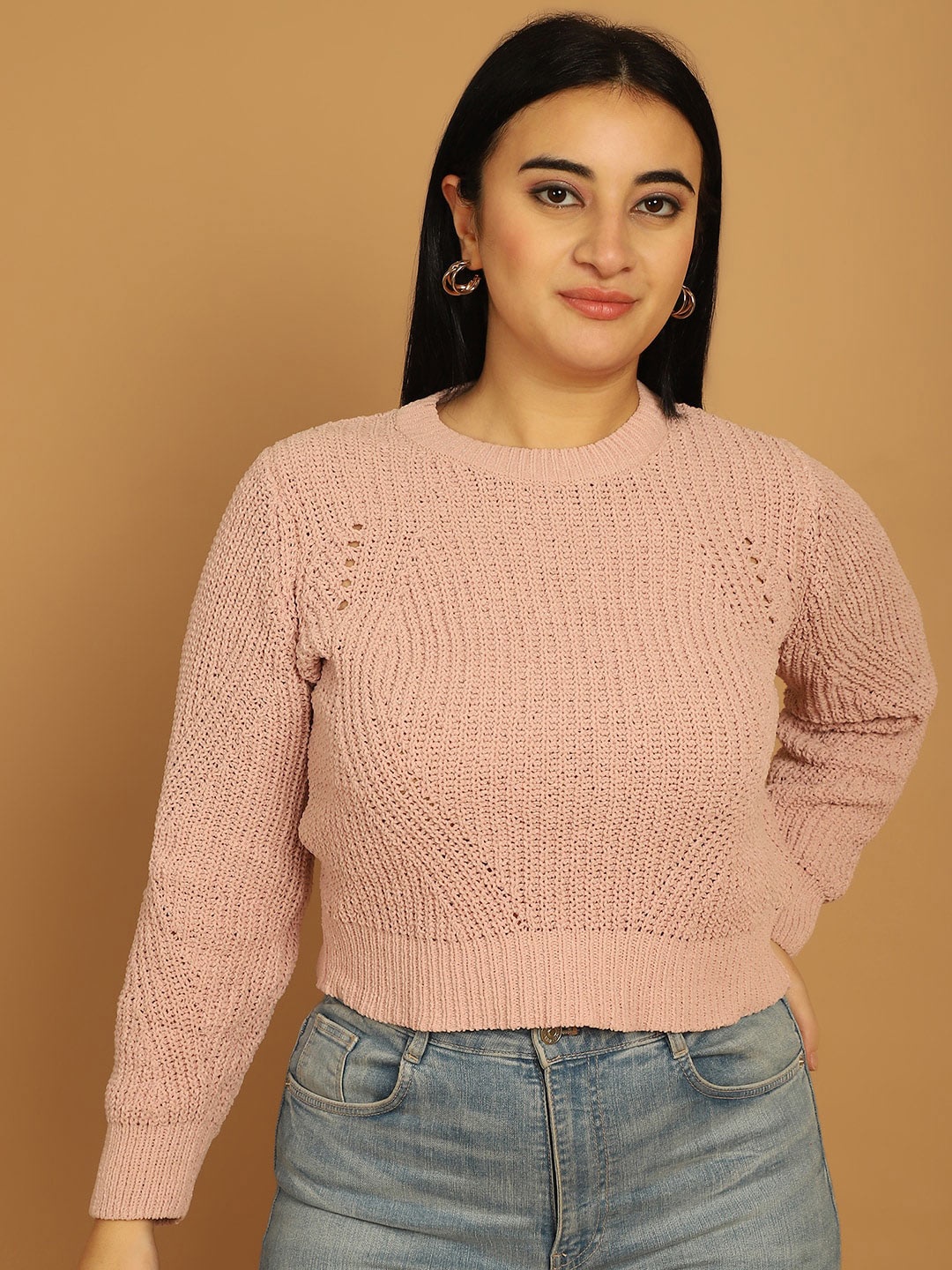 

NoBarr Ribbed Round Neck Pullover, Peach