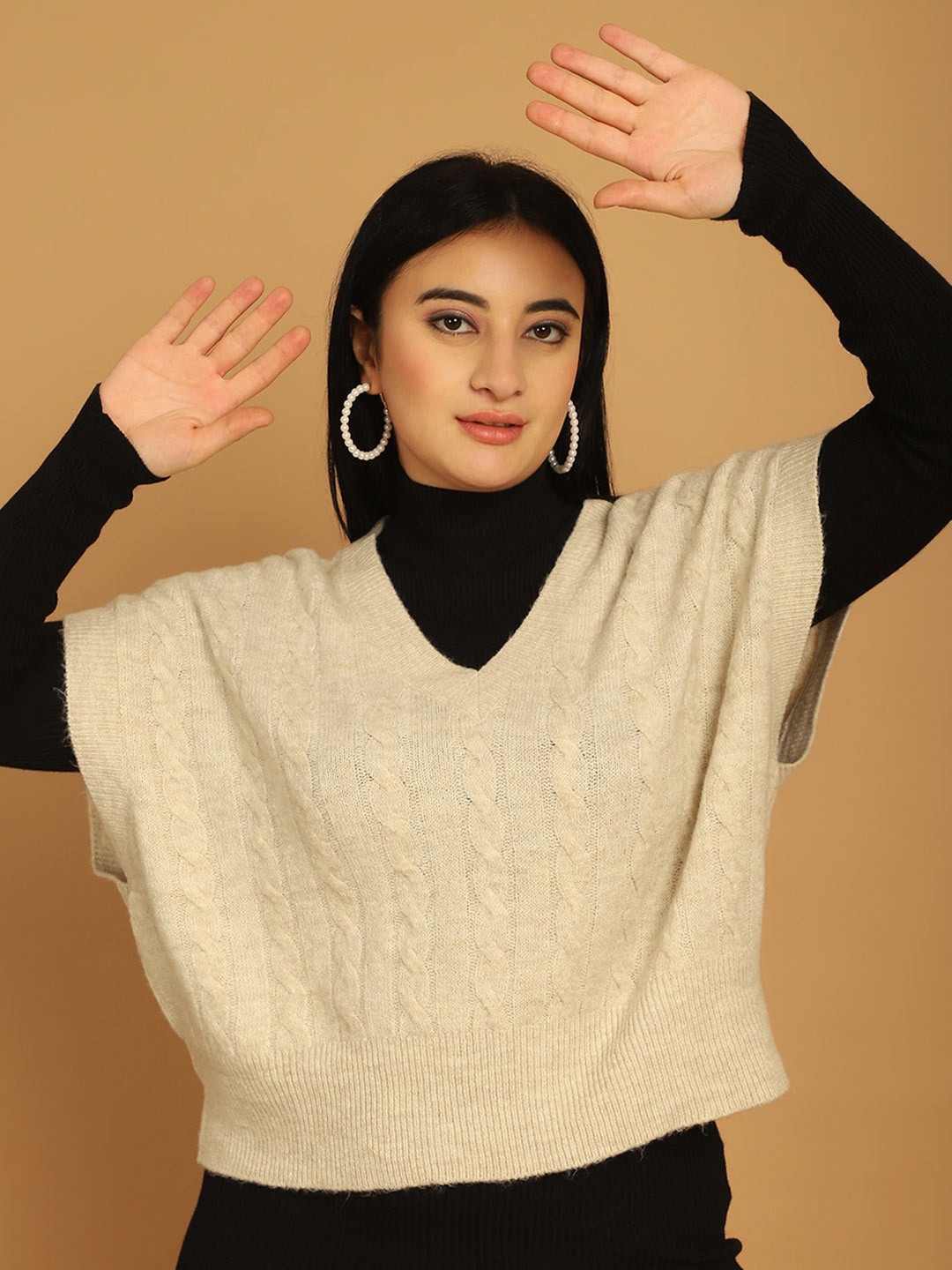 

NoBarr Self Design Cable Knit Acrylic Pullover, Beige