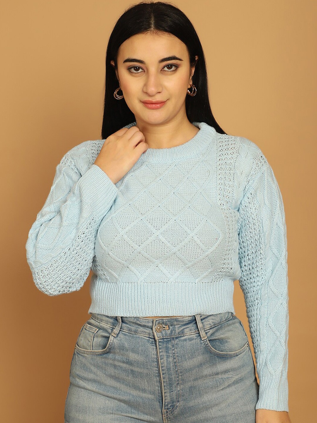 

NoBarr Self Design Acrylic Crop Pullover Sweater, Blue