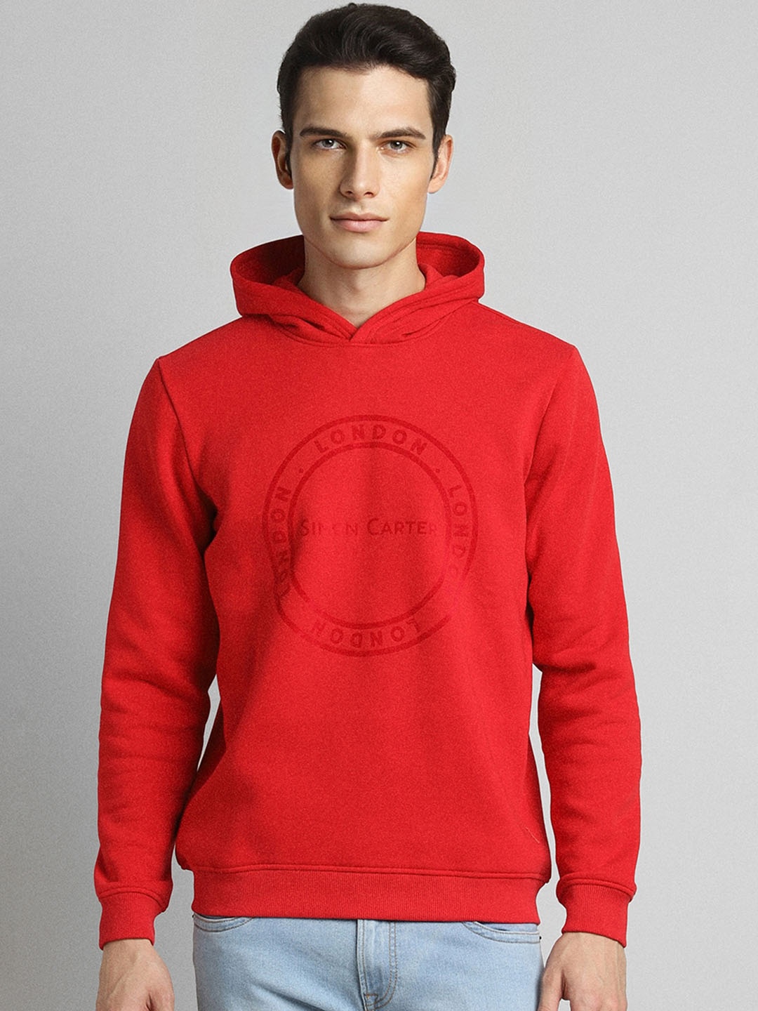 

SIMON CARTER LONDON Men Red Printed Hooded Sweatshirt