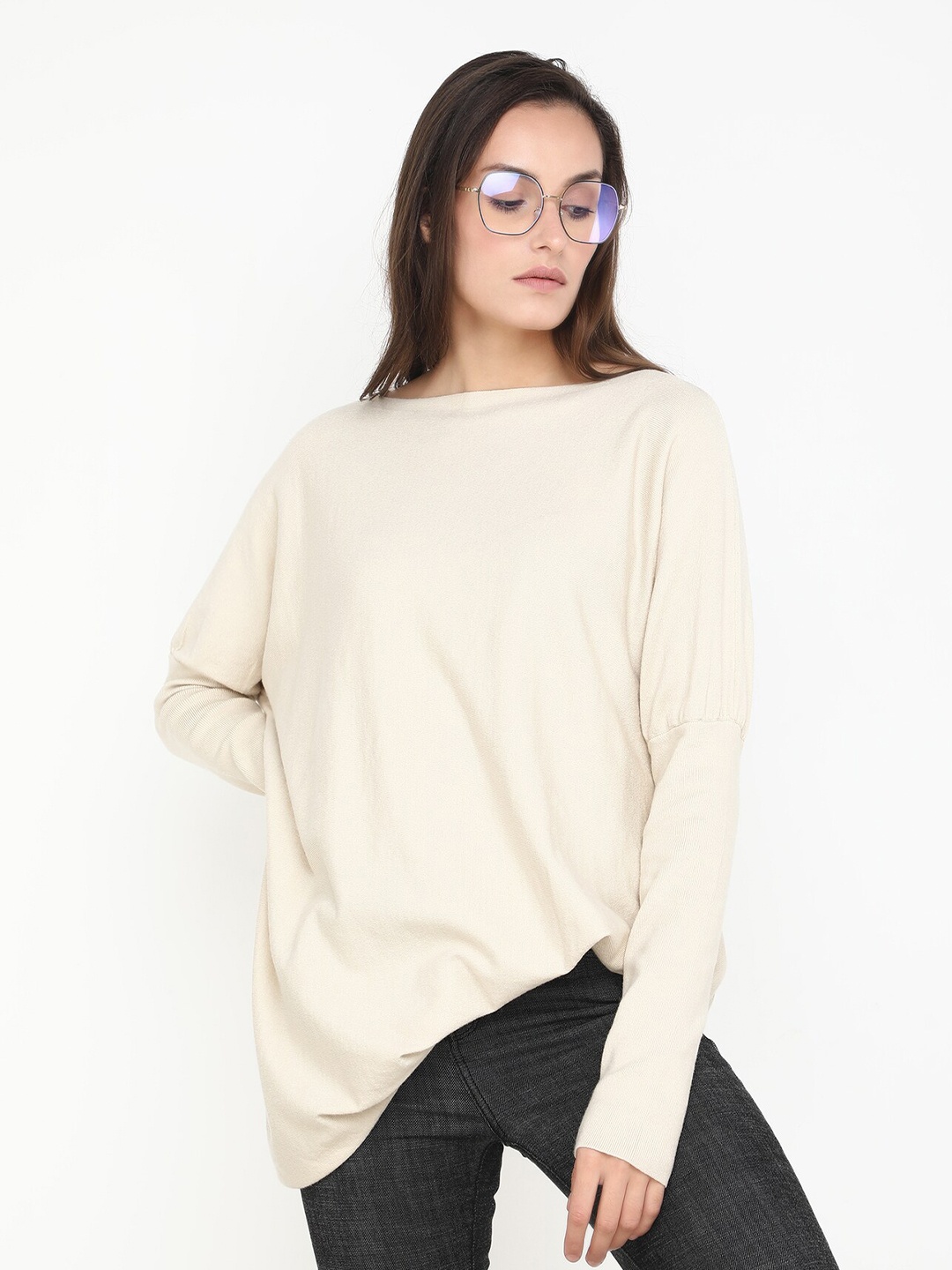 

LULU & SKY Boat Neck Drop-Shoulder Sleeves Longline Pullover, Beige