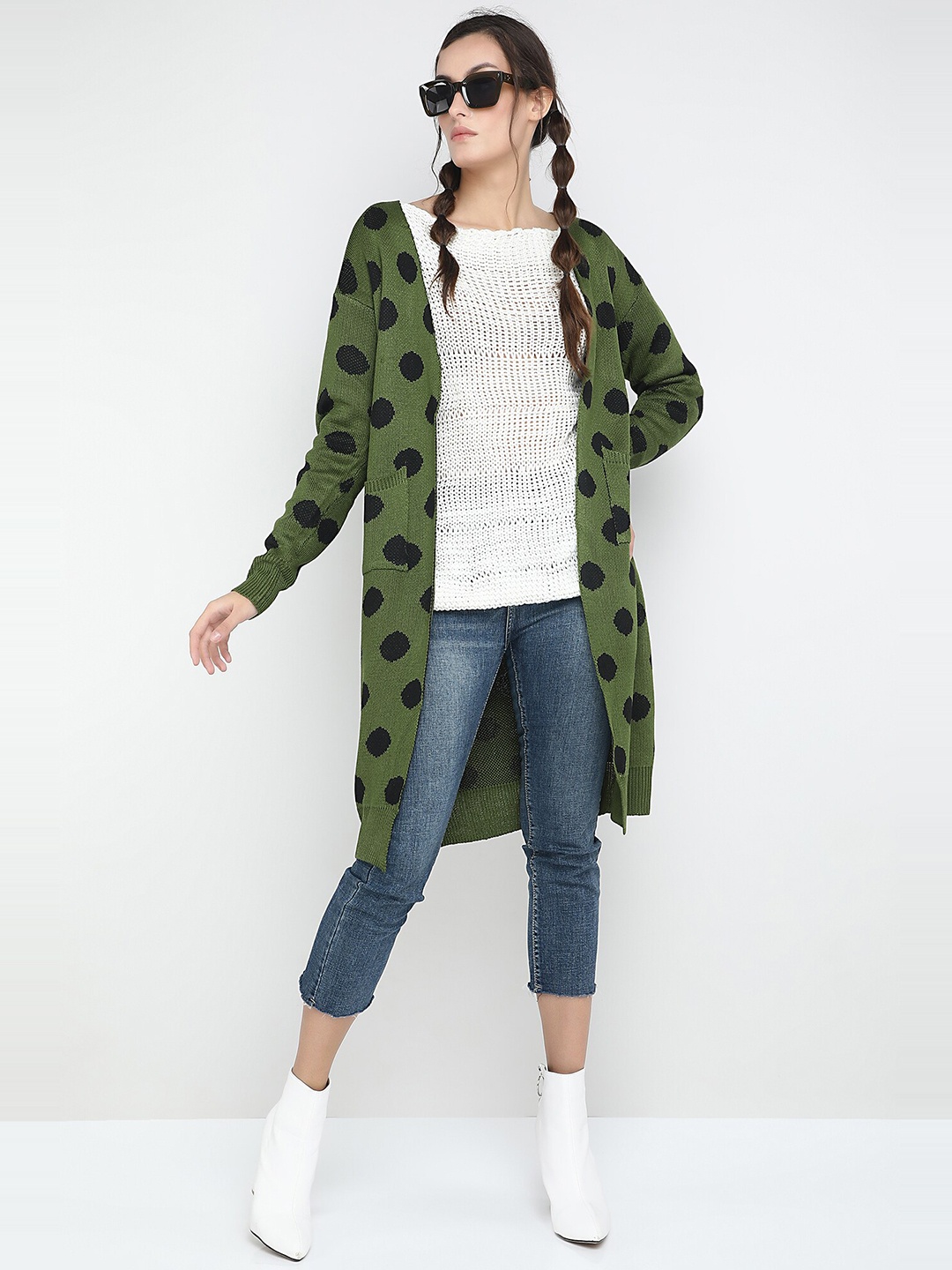 

LULU & SKY Geometric Printed Longline Front-Open Sweater, Green