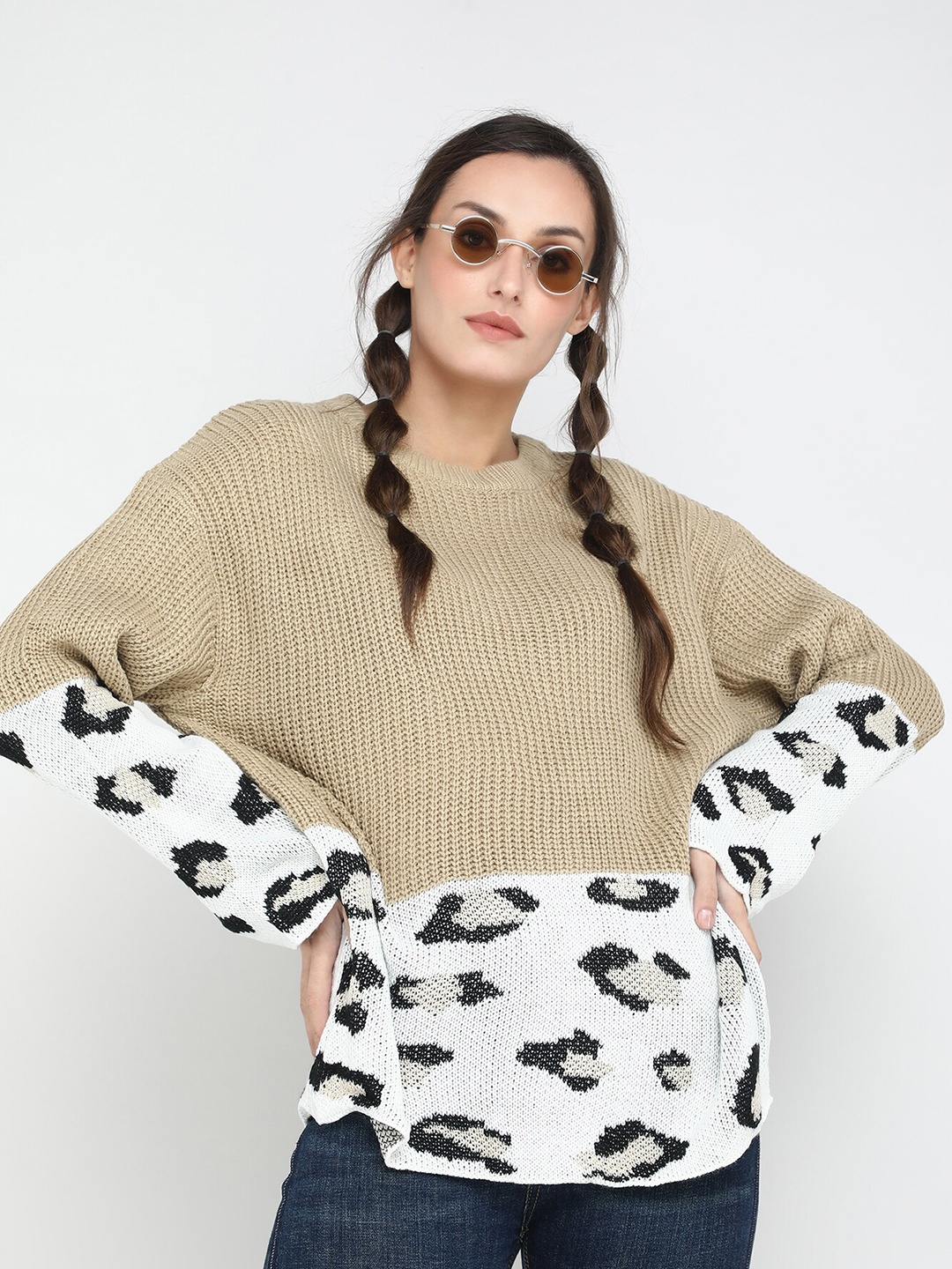 

LULU & SKY Colourblocked Drop shoulder Sleeves Pullover, Khaki