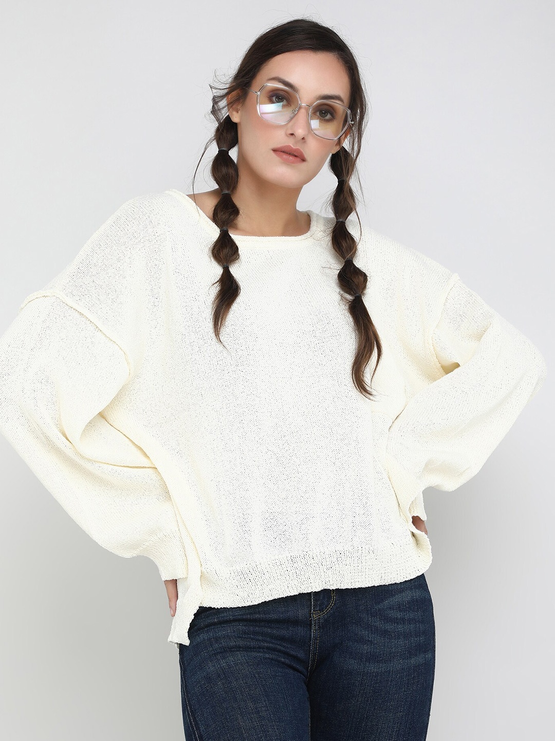

LULU & SKY Open Knit Self Design Pullover, White