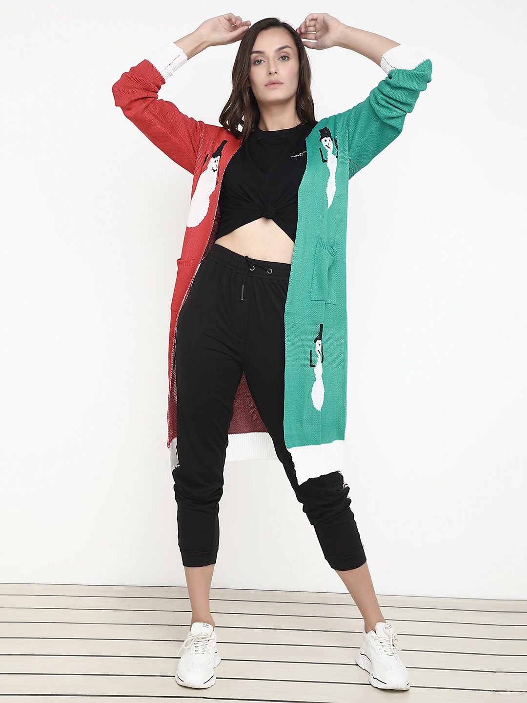 

LULU & SKY Conversational Printed Longline Front-Open Sweaters, Red