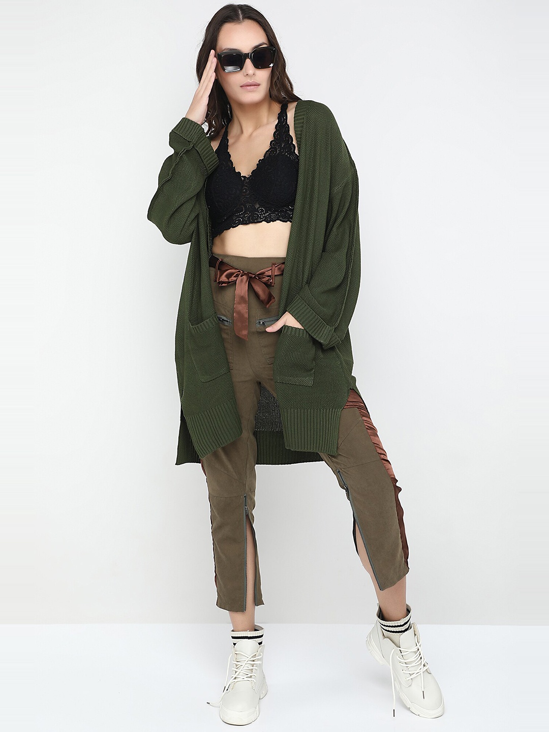 

LULU & SKY Self Design Open Front Longline Shrug, Green