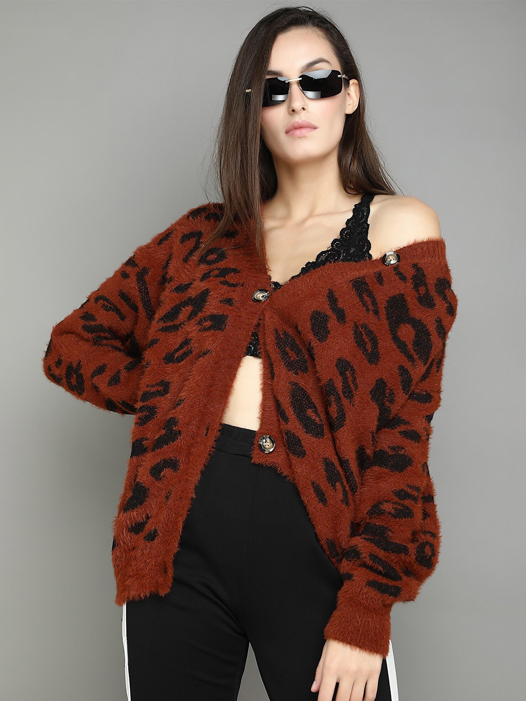 

LULU & SKY Animal Self Design Cardigan Sweater, Coffee brown