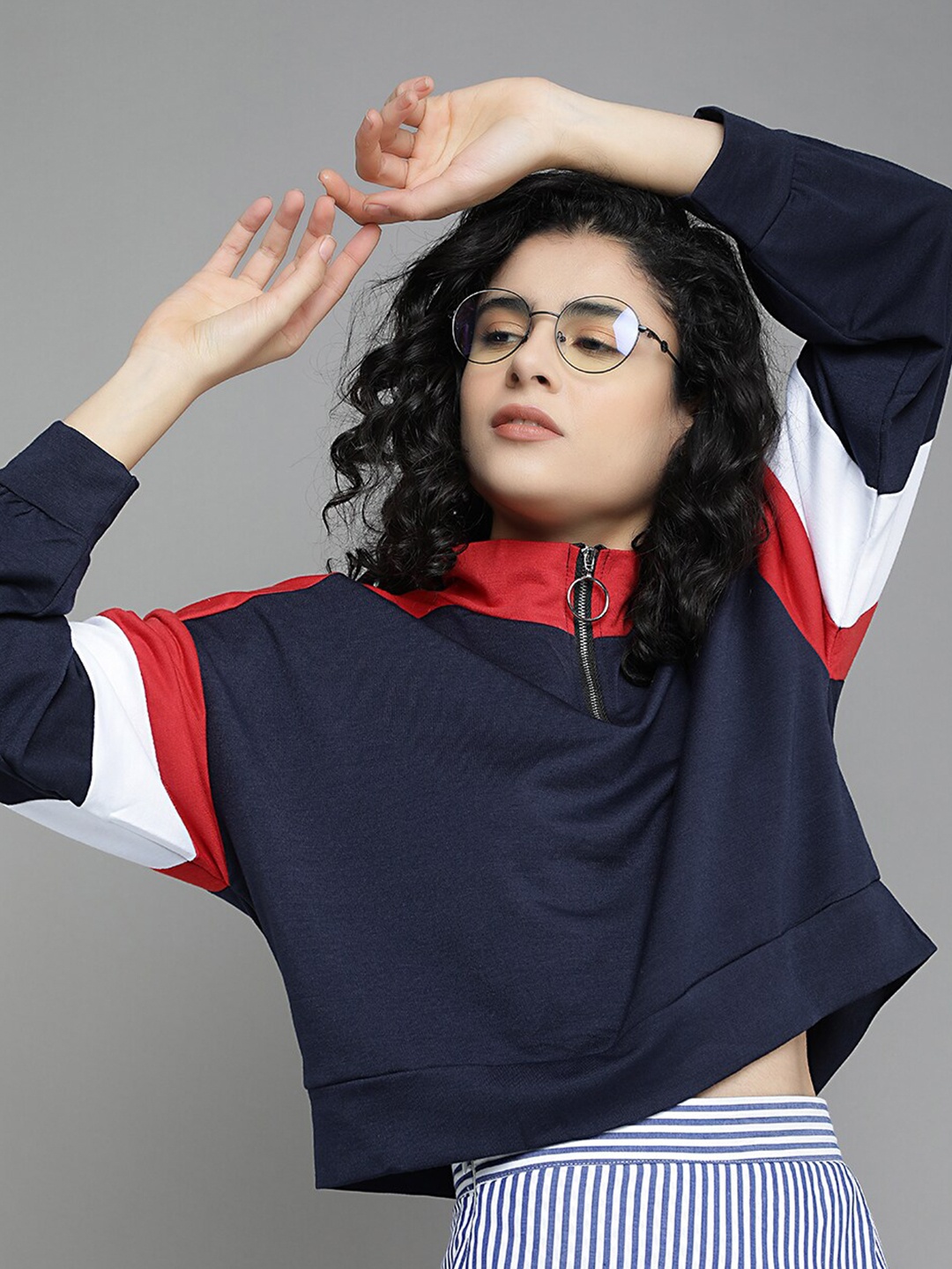 

LULU & SKY Colourblocked Mock Collar Crop Pullover, Navy blue