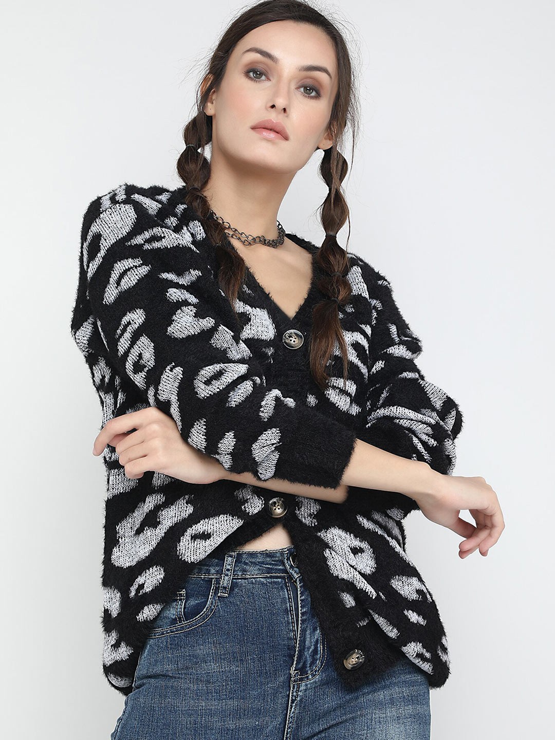 

LULU & SKY Animal Self Design V-Neck Cardigan, Black
