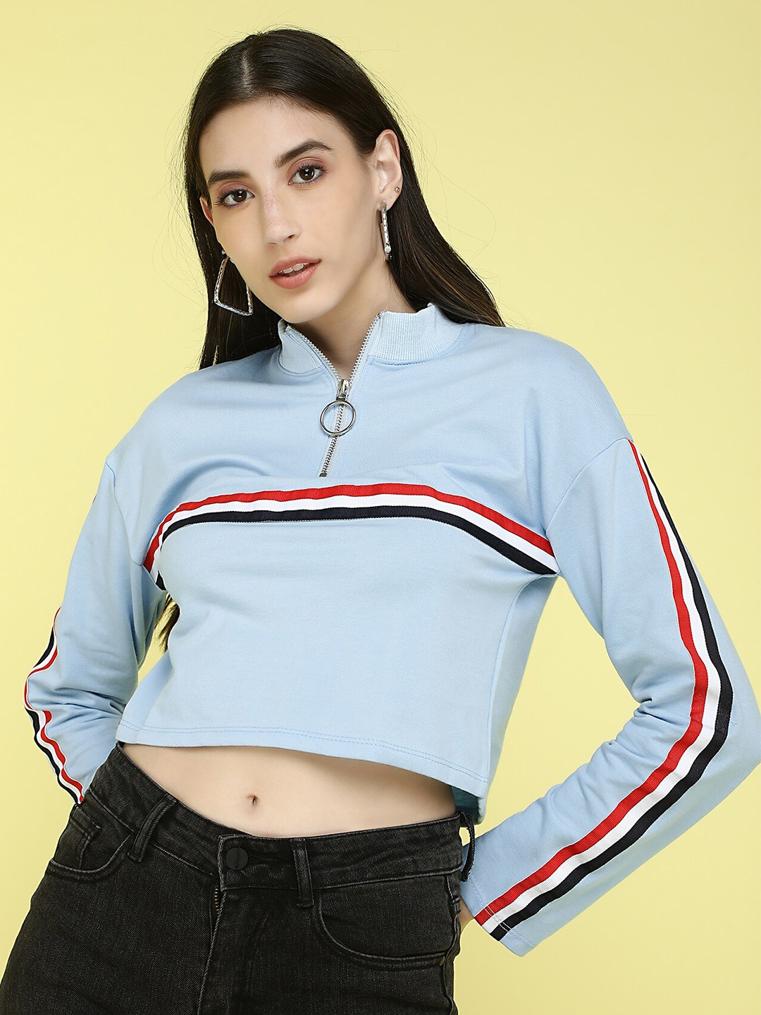 

LULU & SKY Striped Mock Collar Half Zipper Crop Pullover Sweatshirt, Blue