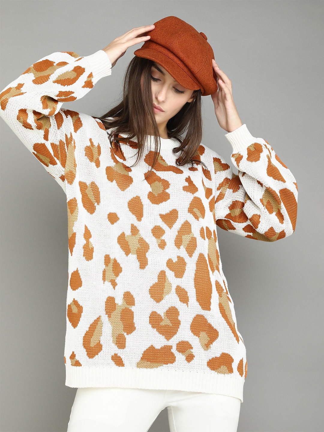 

LULU & SKY Abstract Printed Round Neck Long Sleeves Pullover Sweater, Off white
