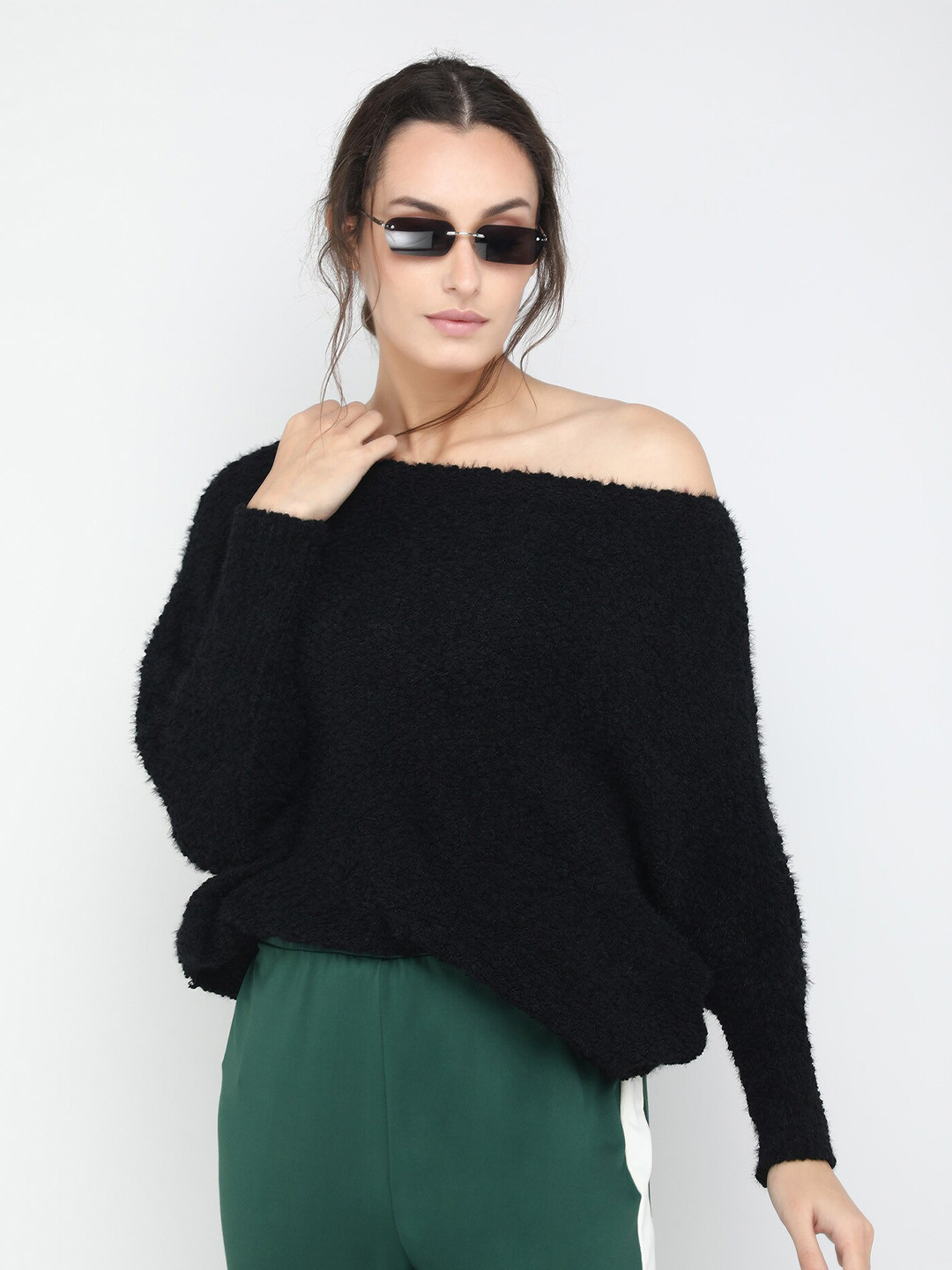 

LULU & SKY Boucle Off-Shoulder Pullover Sweater, Black