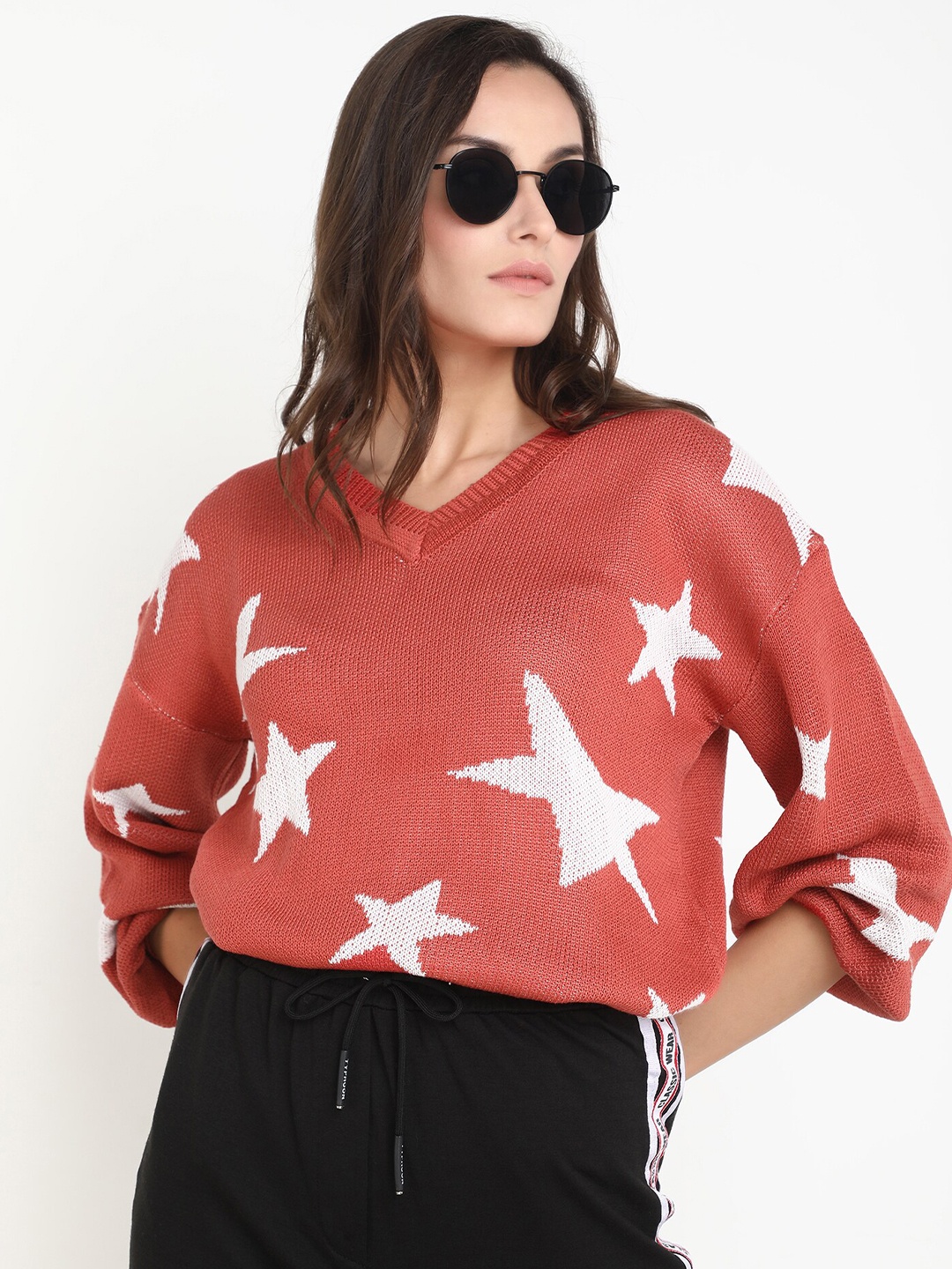 

LULU & SKY Geometric Printed V-Neck Long Sleeves Pullover Sweater, Orange