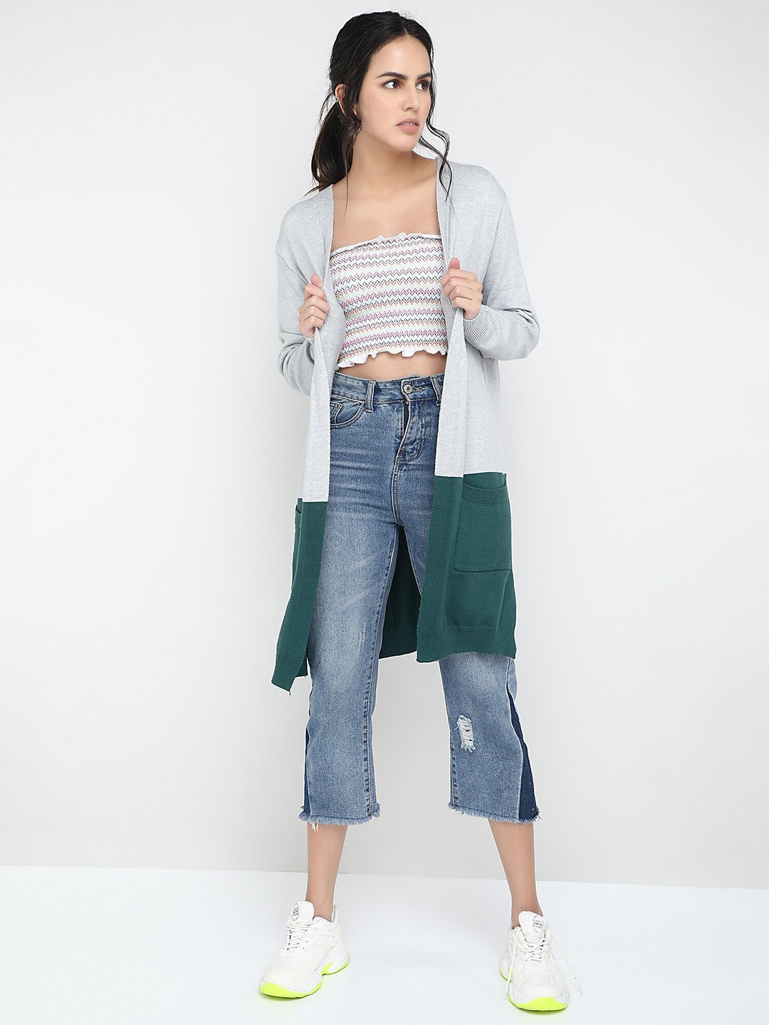 

LULU & SKY Colourblocked Longline Front-Open Sweaters, Grey