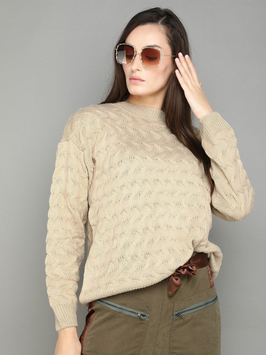 

LULU & SKY Cable Knit Self Design High Neck Drop-Shoulder Sleeves Pullover, Khaki