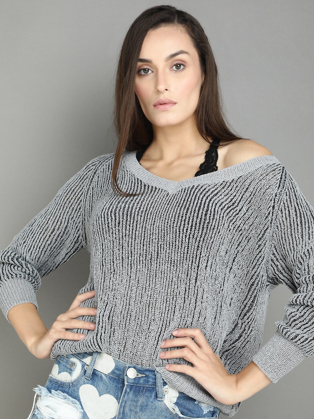 

LULU & SKY Cable Knit Self Design Pullover, Grey