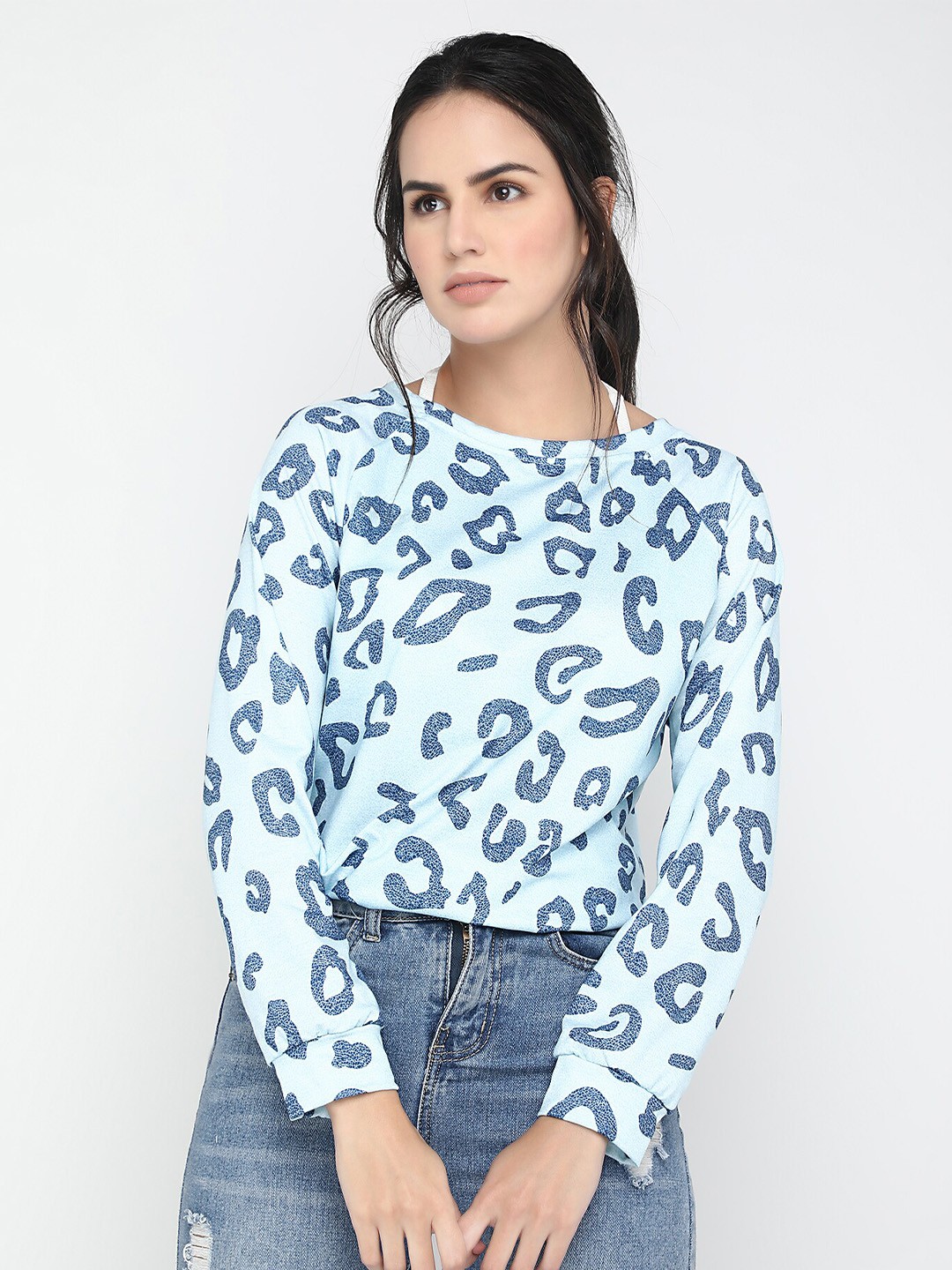

LULU & SKY Animal Printed Round Neck Pullover Sweater, Blue