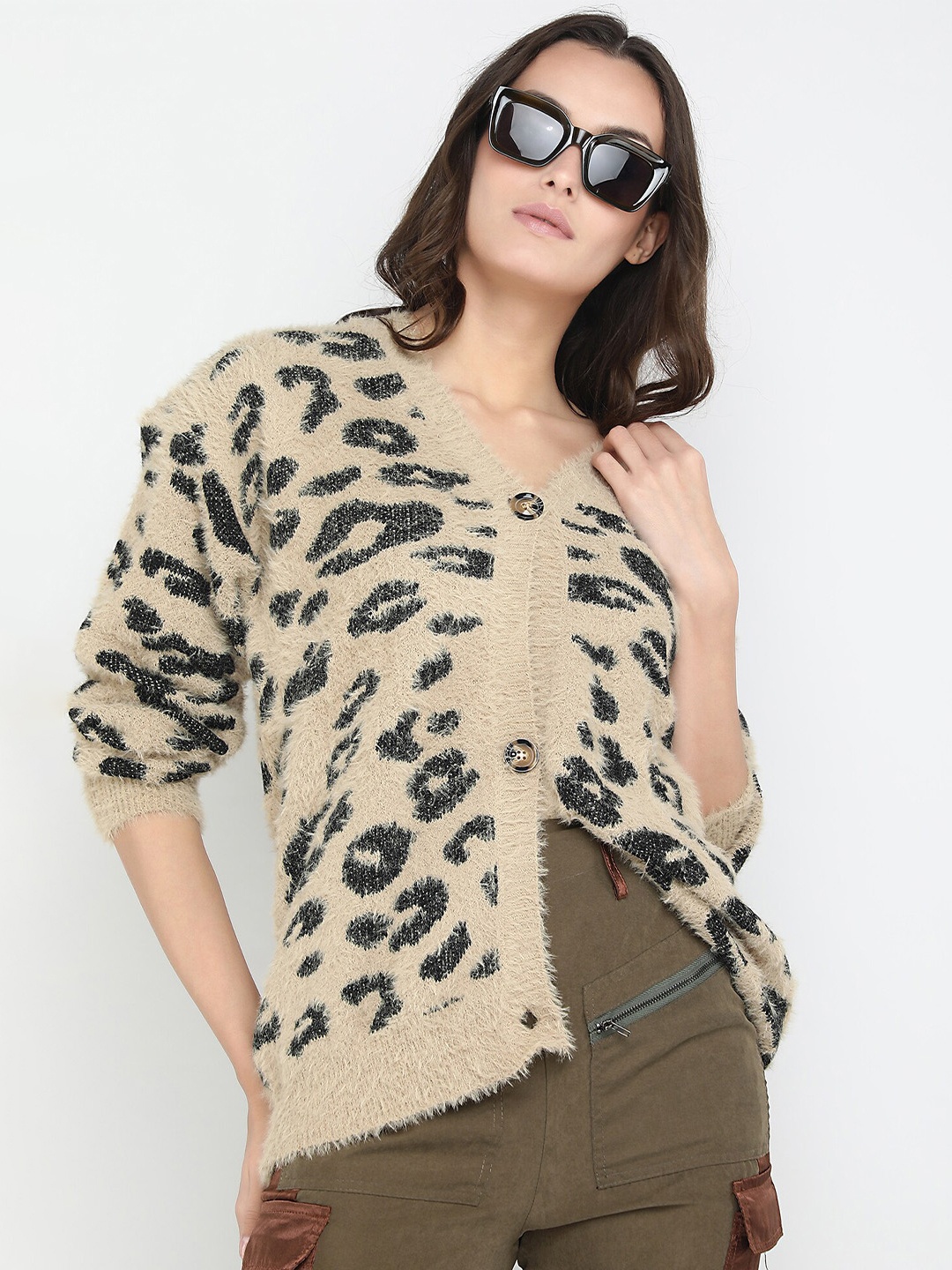 

LULU & SKY Animal Self Design Fuzzy Cardigan Sweater, Beige