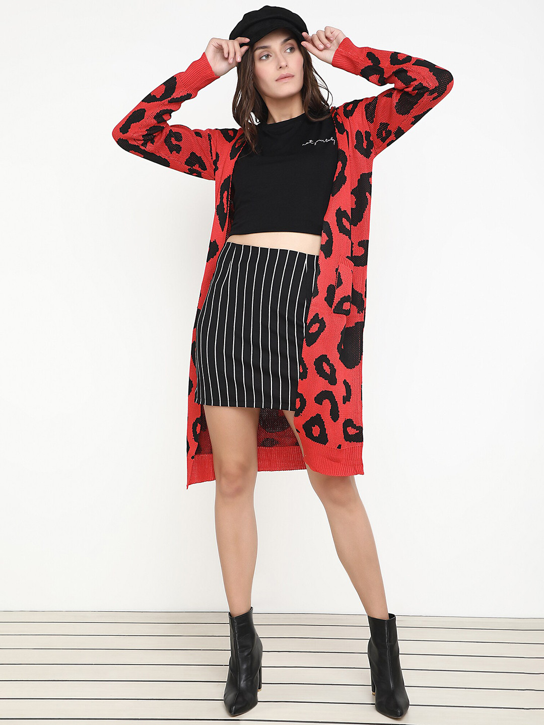 

LULU & SKY Abstract Printed Long Sleeves Open Front Shrug, Red
