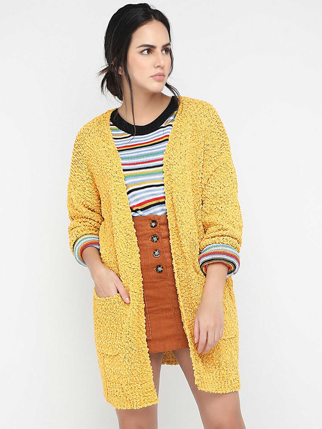 

LULU & SKY Self Design Open Front Longline Shrug, Yellow