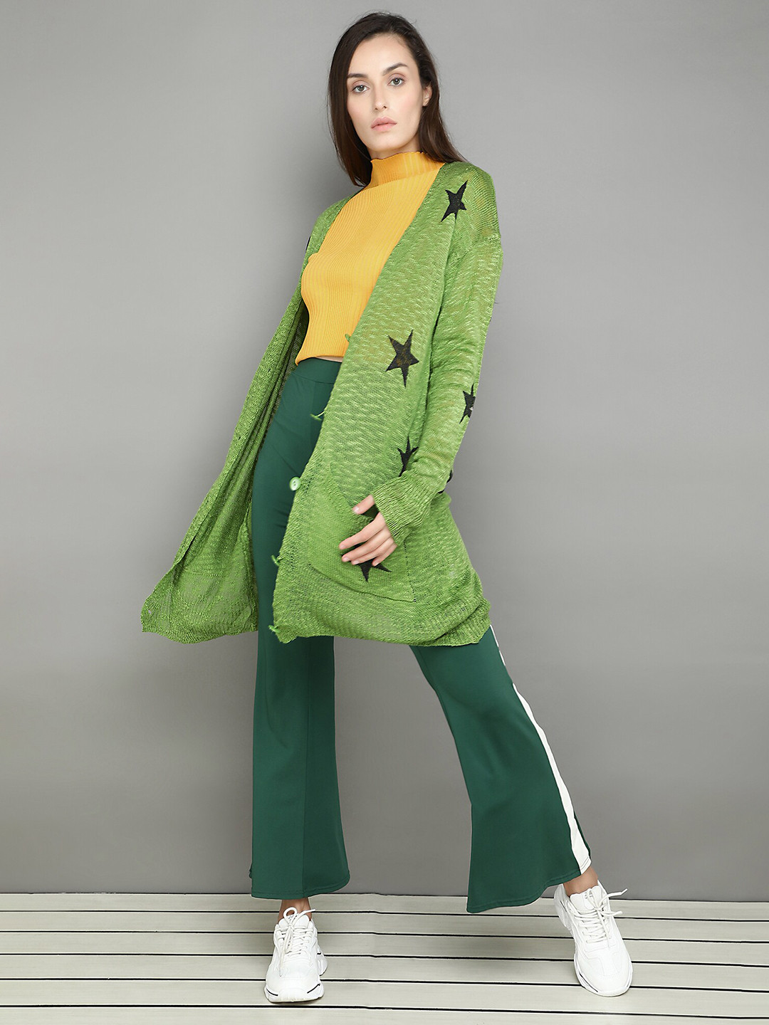 

LULU & SKY Conversational Printed Open Front Longline Shrug, Green