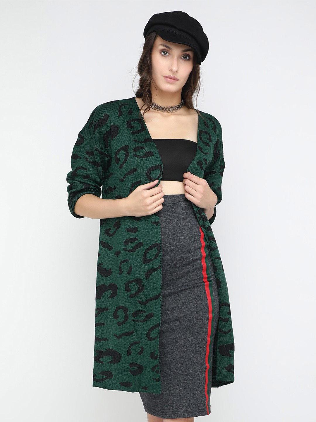 

LULU & SKY Animal Printed Open Front Longline Shrug, Green