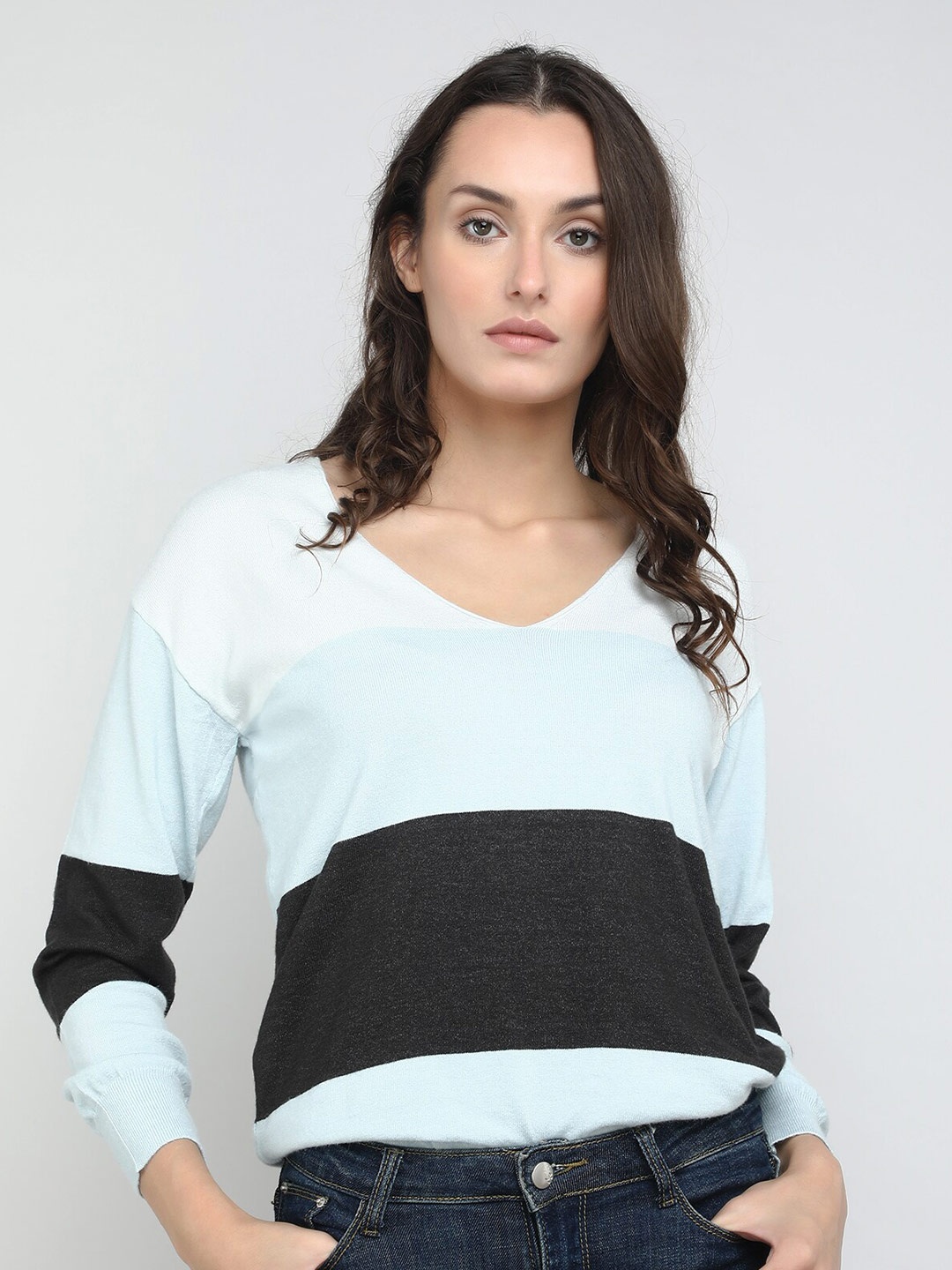 

LULU & SKY Striped V- Neck Sweatshirt, Blue