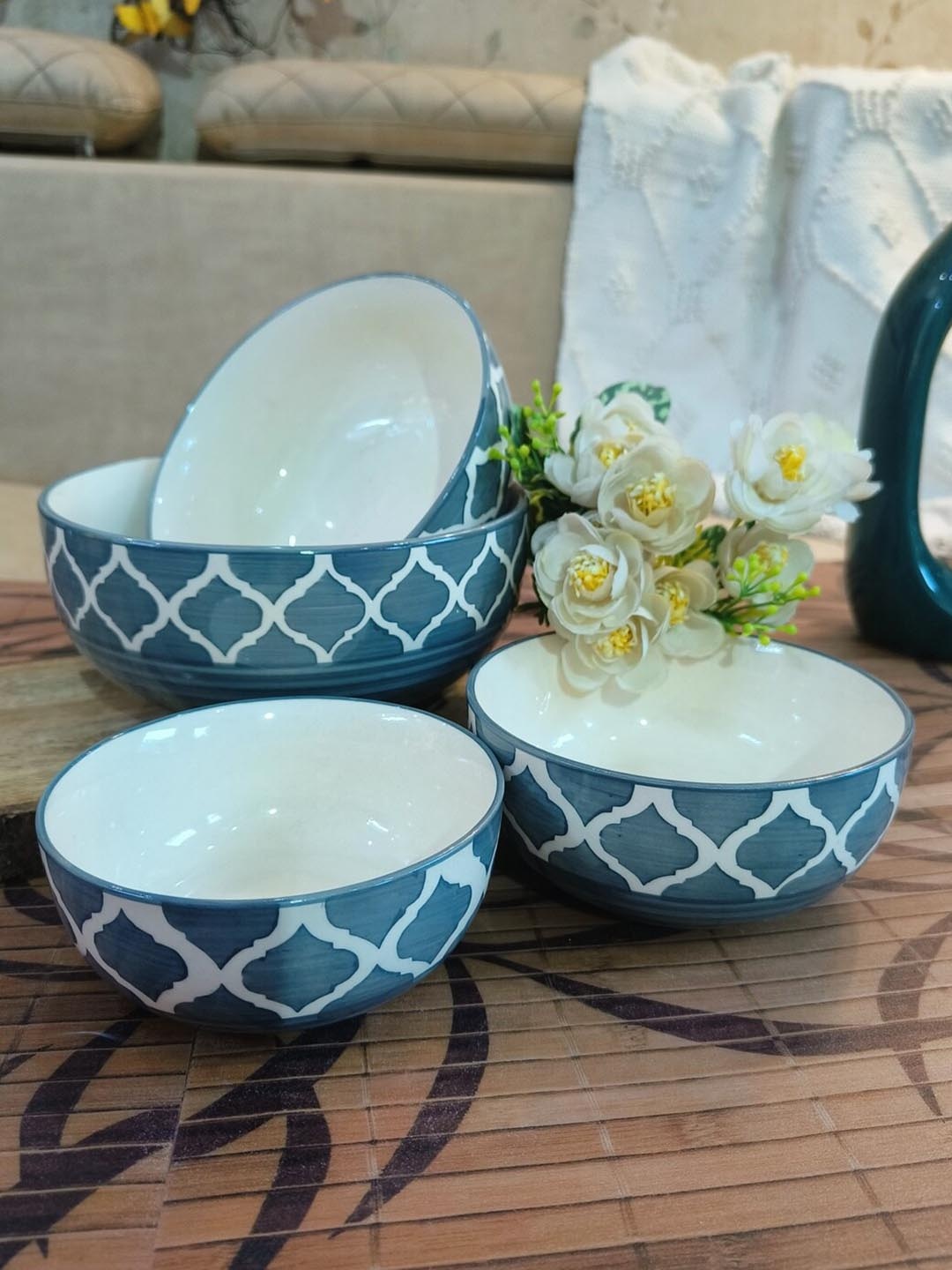 

NIYARA Grey & White 4 Pieces Printed Ceramic Glossy Bowls