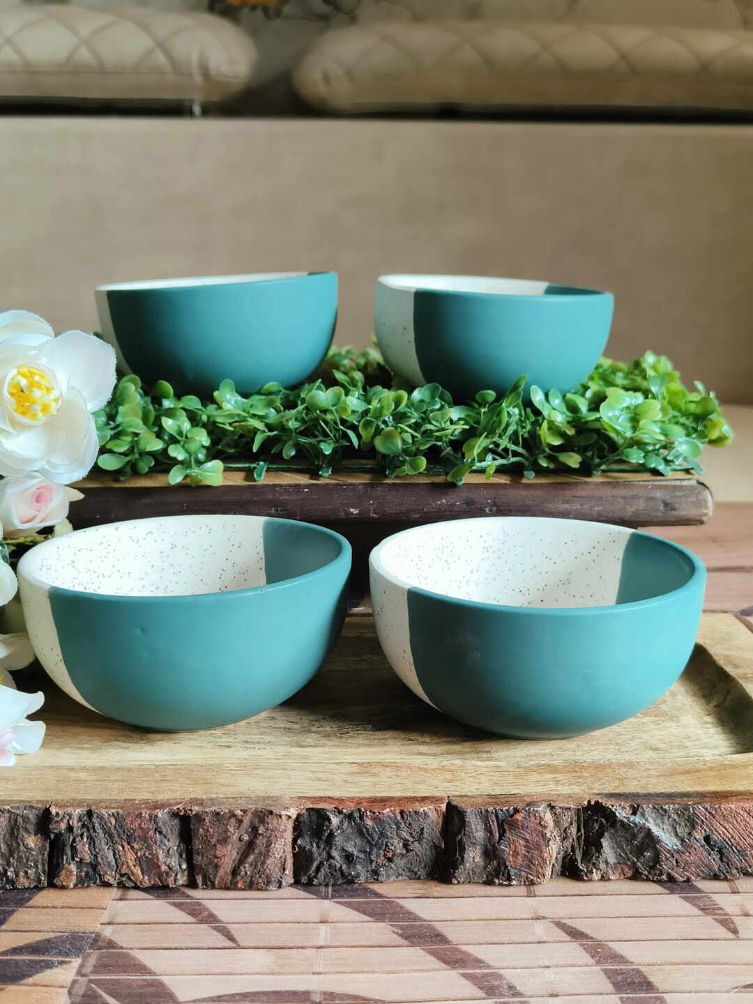 

NIYARA White & Green 4 Pieces Printed Ceramic Glossy Bowls