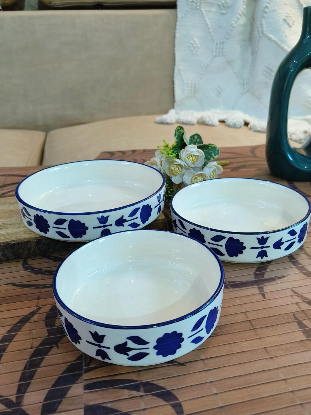 

NIYARA White & Blue 3 Pieces Printed Ceramic Glossy Bowls