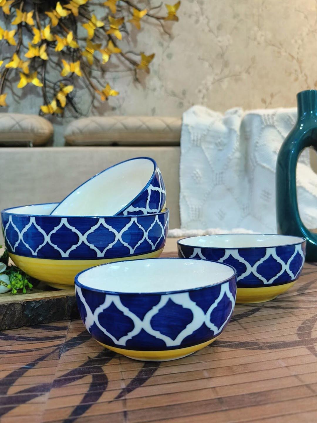 

NIYARA Yellow & Blue 4 Pieces Printed Ceramic Glossy Bowls