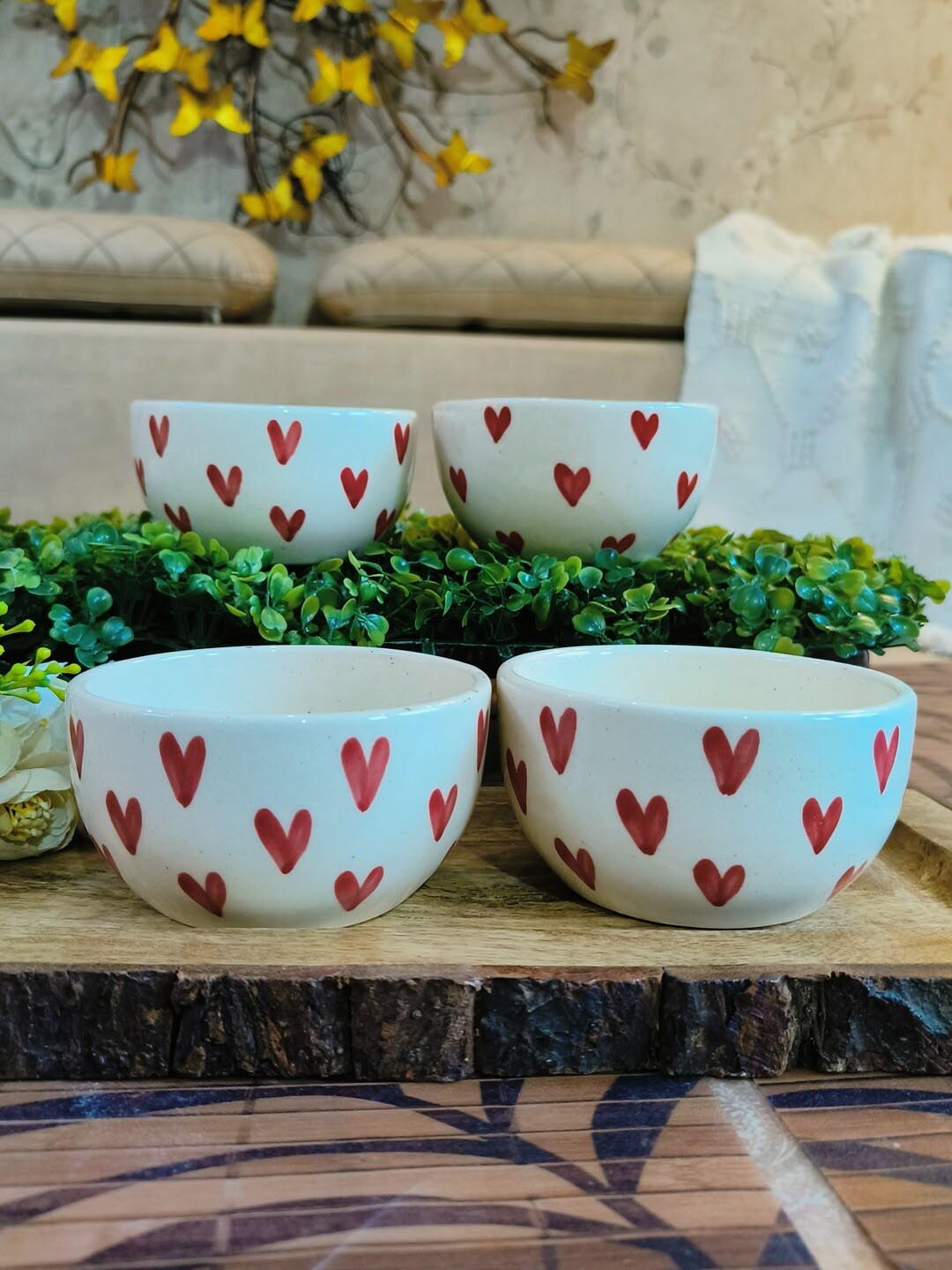 

NIYARA White & Red 4 Pieces Printed Ceramic Glossy Bowls