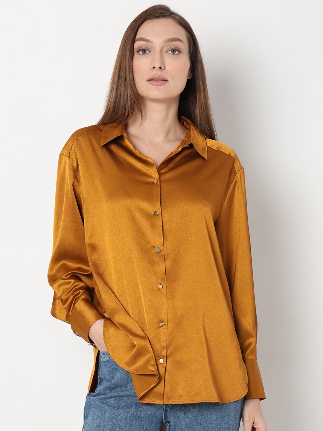 

Vero Moda Spread Collar Casual Satin Shirt, Mustard