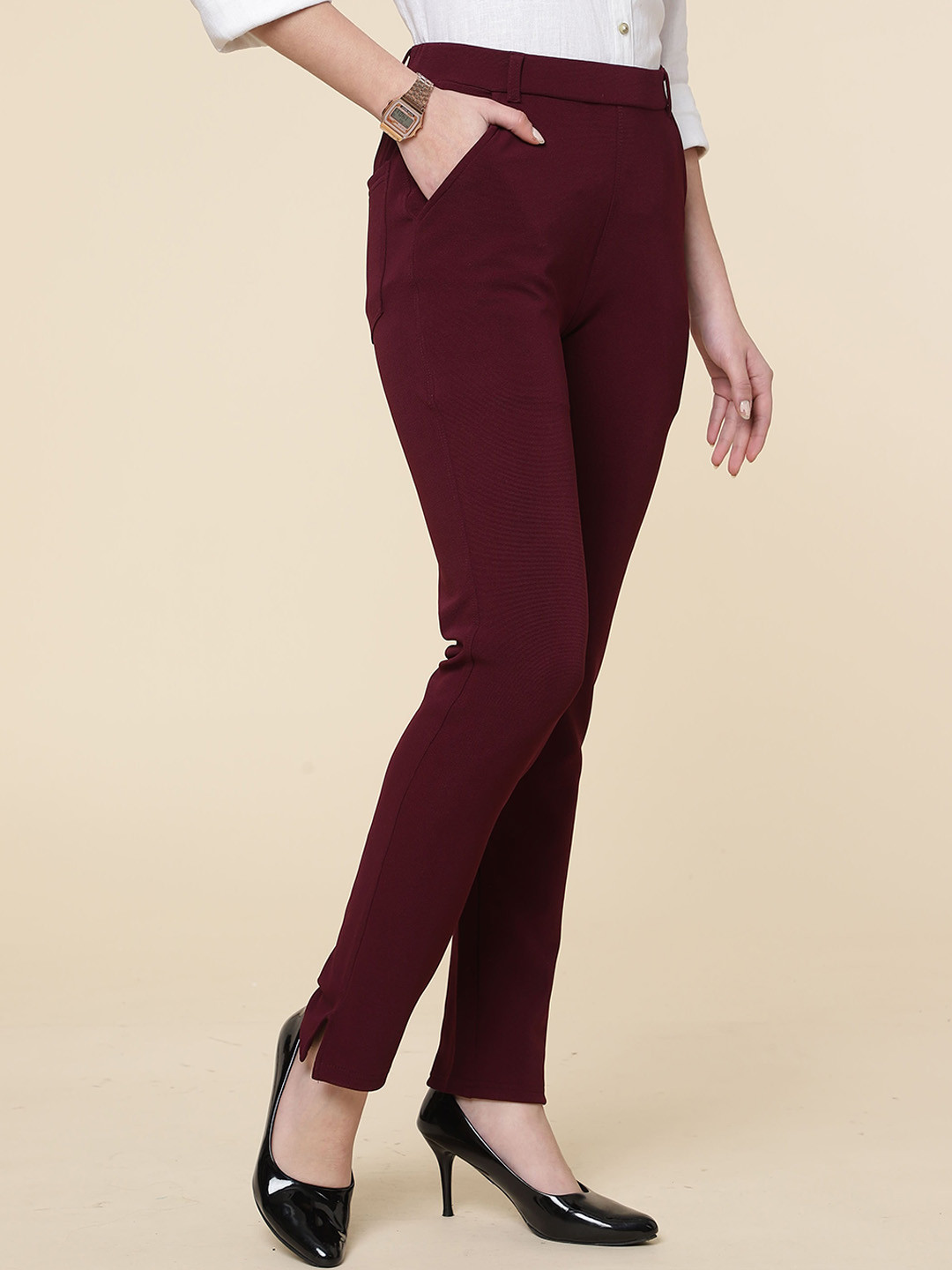 

FITHUB Women Relaxed Straight Leg High-Rise Lint Free Cotton Formal Trousers, Maroon