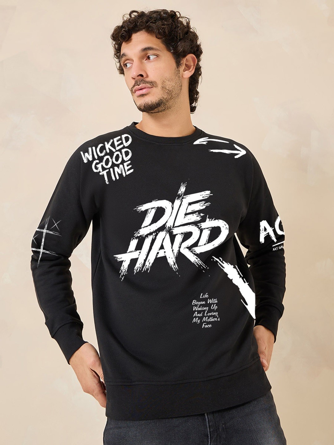 

BAESD Men Typography Printed Fleece Pullover, Black