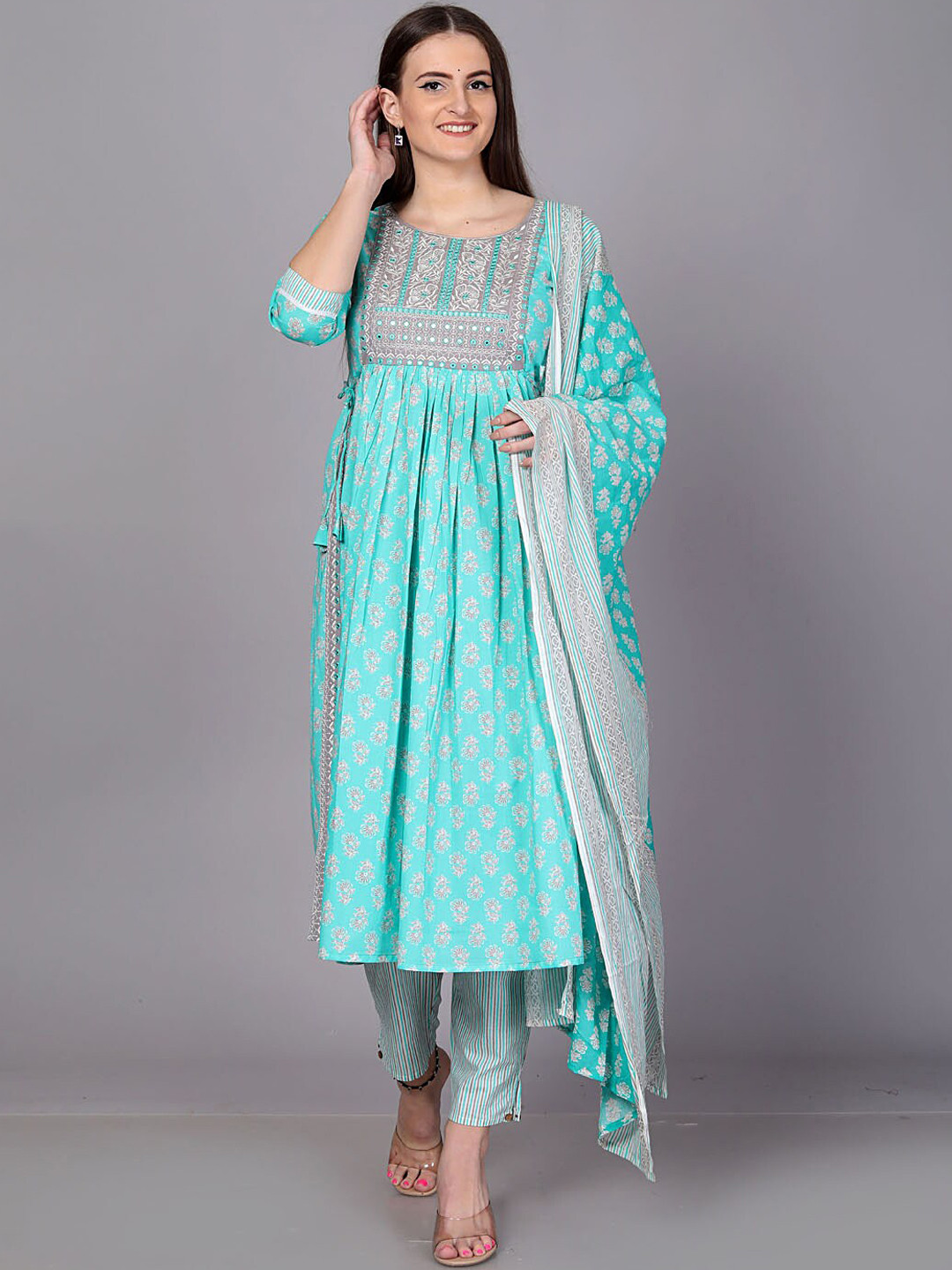 

HIGHLIGHT FASHION EXPORT Ethnic Motifs Printed Mirror Work Pure Cotton A-Line Kurta Set, Blue