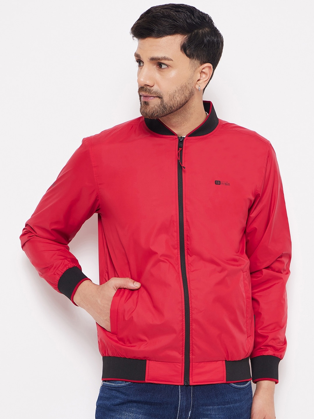 

Okane Stand Collar Long Sleeves Lightweight Bomber Jacket, Red