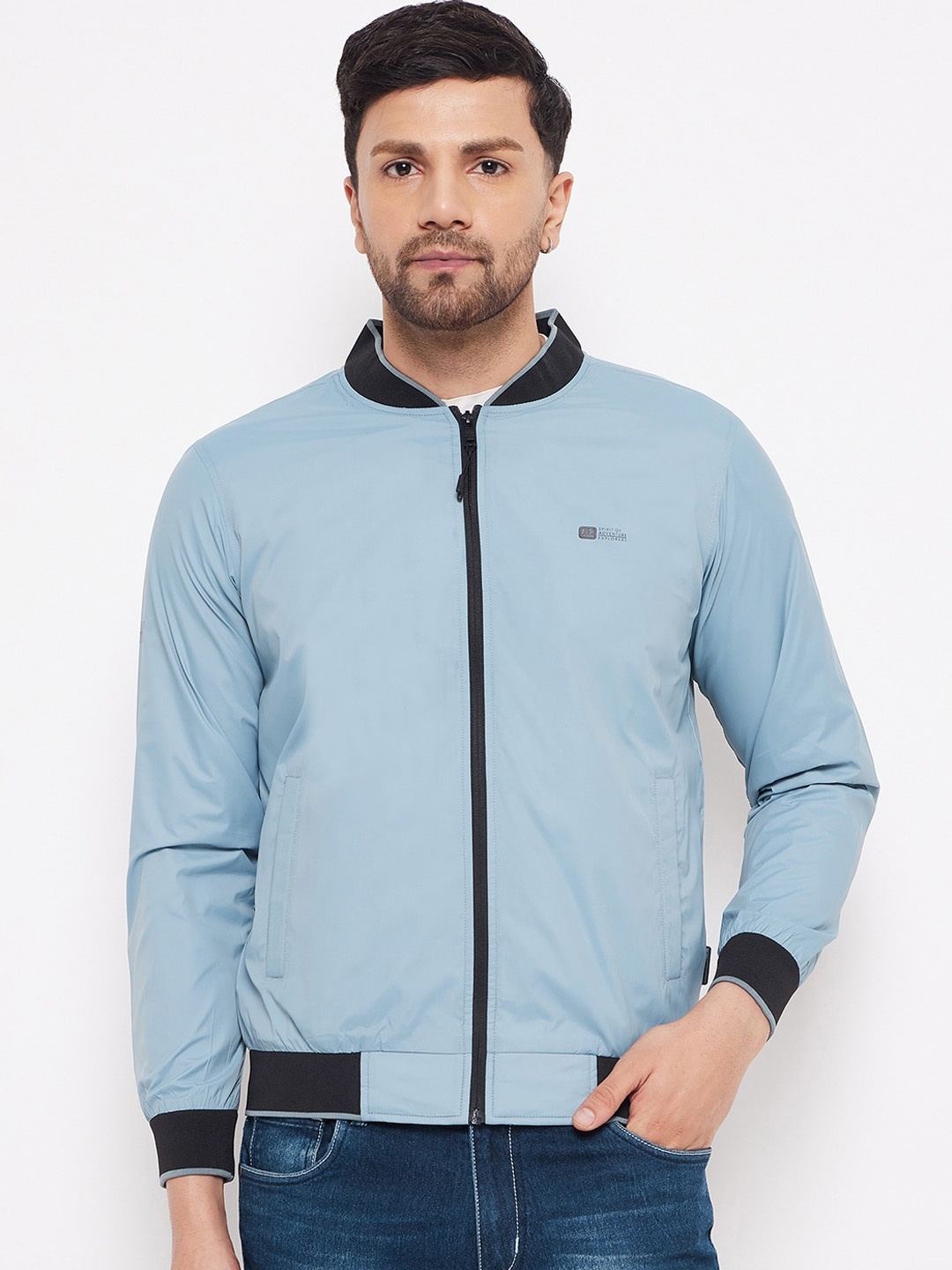

Okane Stand Collar Long Sleeves Lightweight Bomber Jacket, Blue