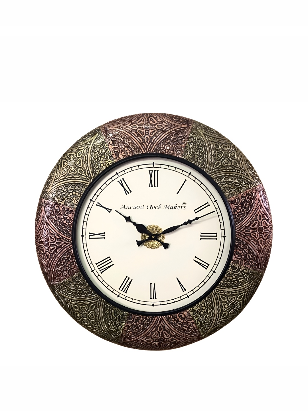 

CHRONIKLE Gold Toned & Pink Printed Round Metal Traditional Wall Clock