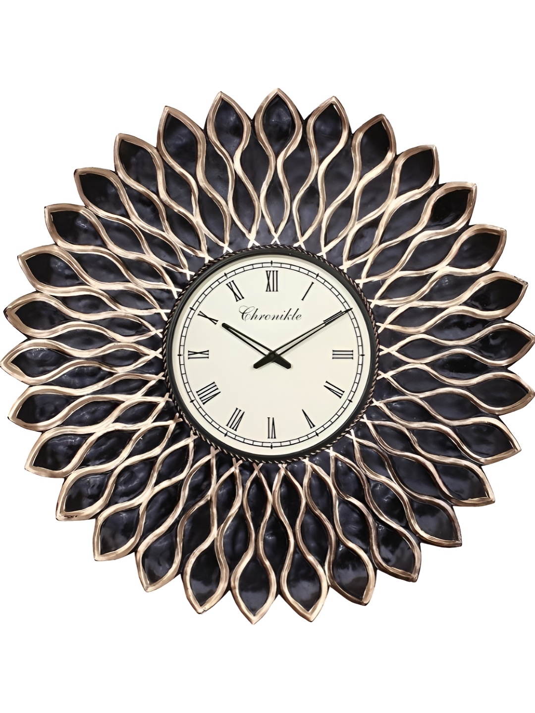 

CHRONIKLE Black & Gold Toned Floral Textured Traditional Wall Clock