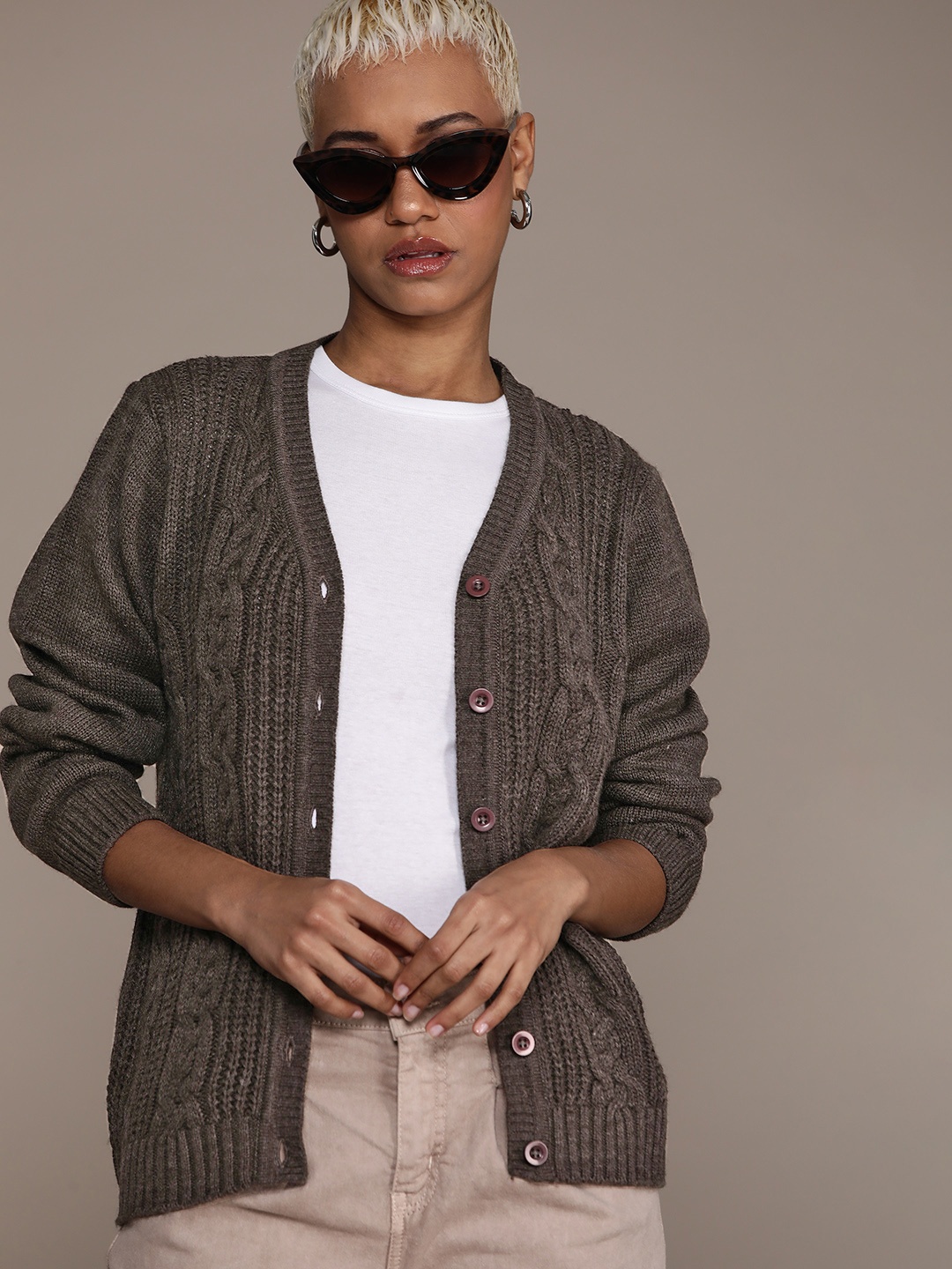 

Roadster Cable Knit Acrylic Cardigan, Camel brown