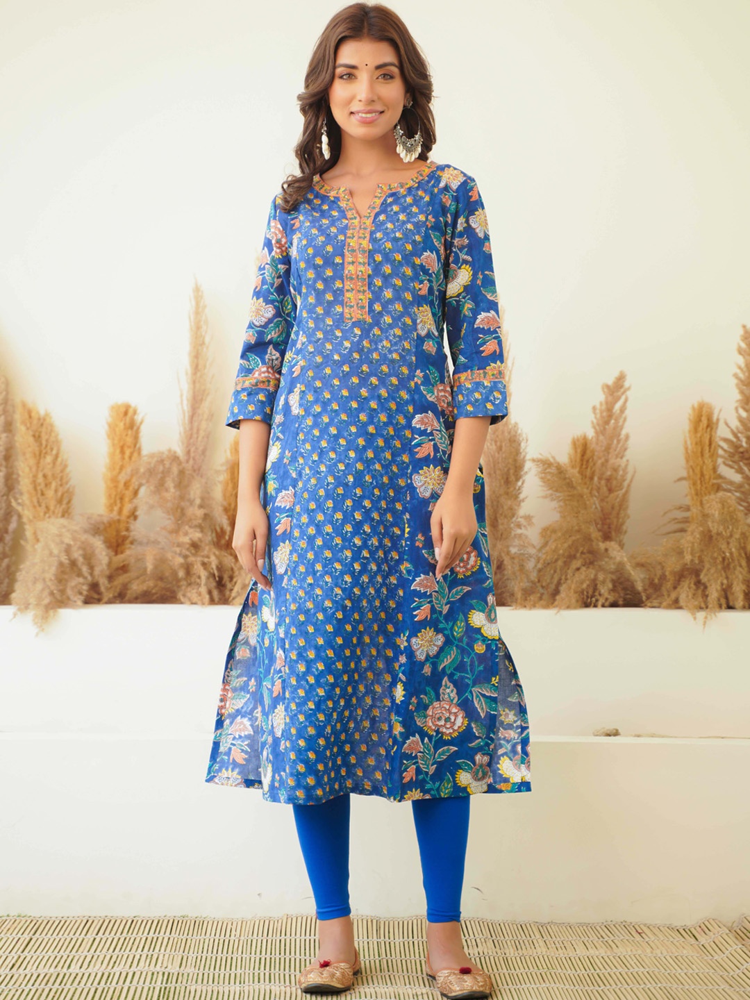 

JAIPURIBANNO Ethnic Motifs Printed Cotton Straight Kurta, Blue