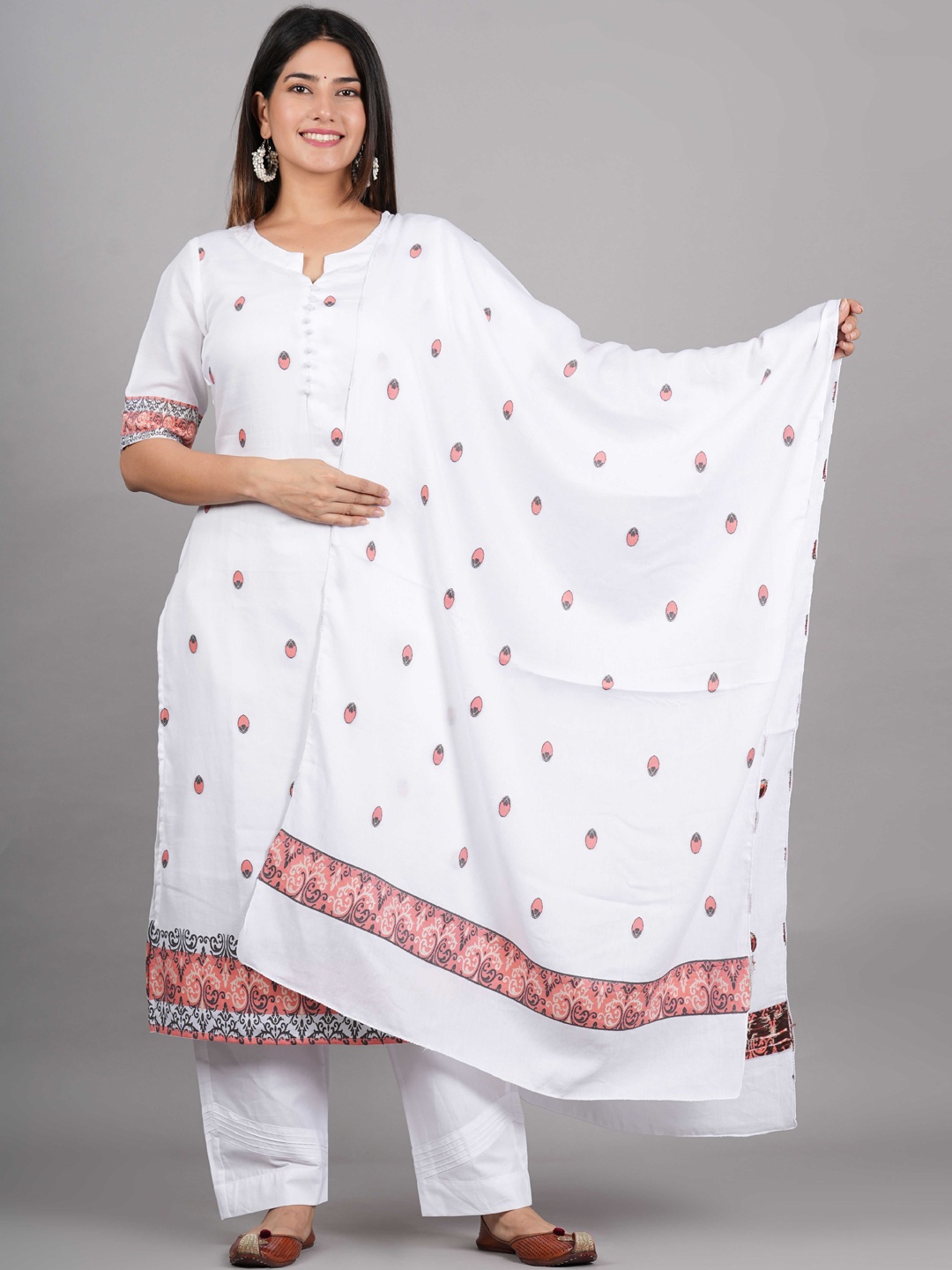 

JAIPURIBANNO Ethnic Motifs Printed Cotton Straight Kurta, White