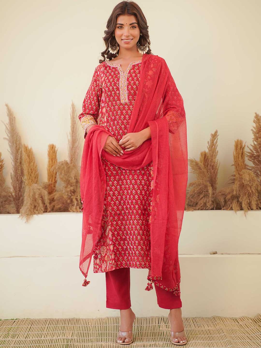 

JAIPURIBANNO Floral Printed Cotton Straight Kurta, Red