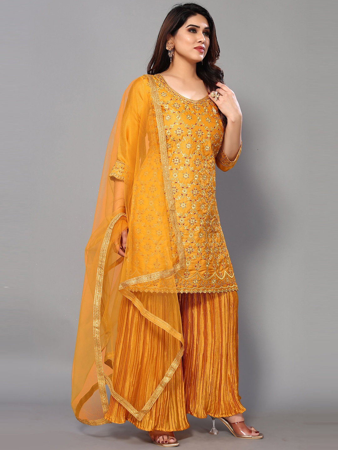 

Twika Floral Embroidered Regular Kurta With Sharara & Dupatta, Mustard