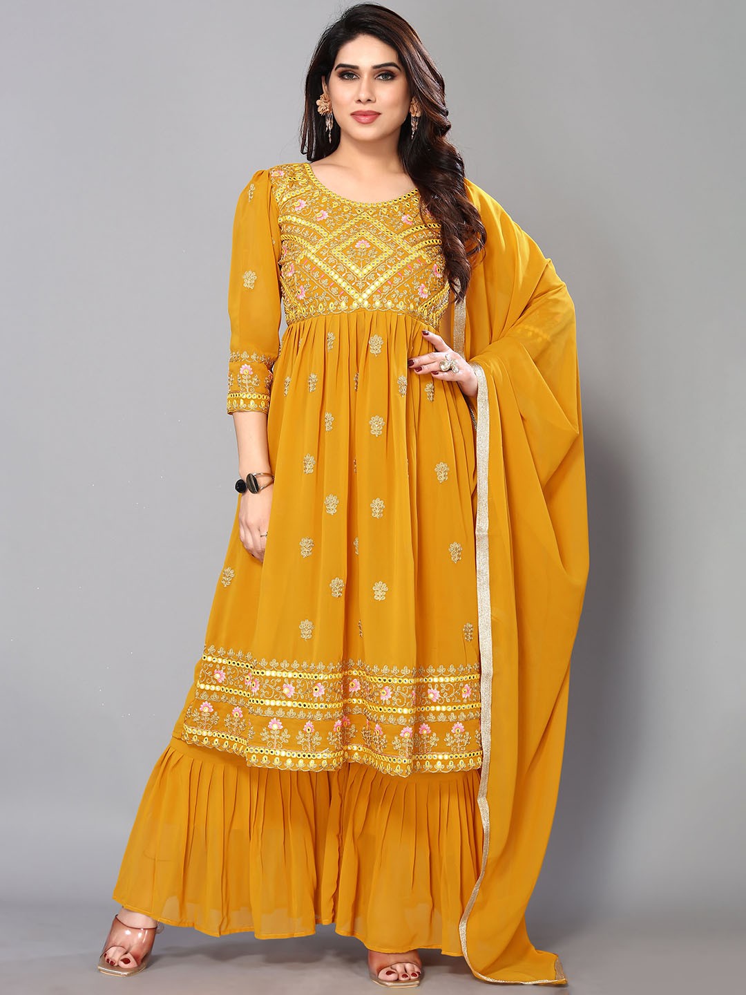 

Twika Ethnic Motifs Embroidered Mirror Work Anarkali Kurta With Sharara & Dupatta, Mustard