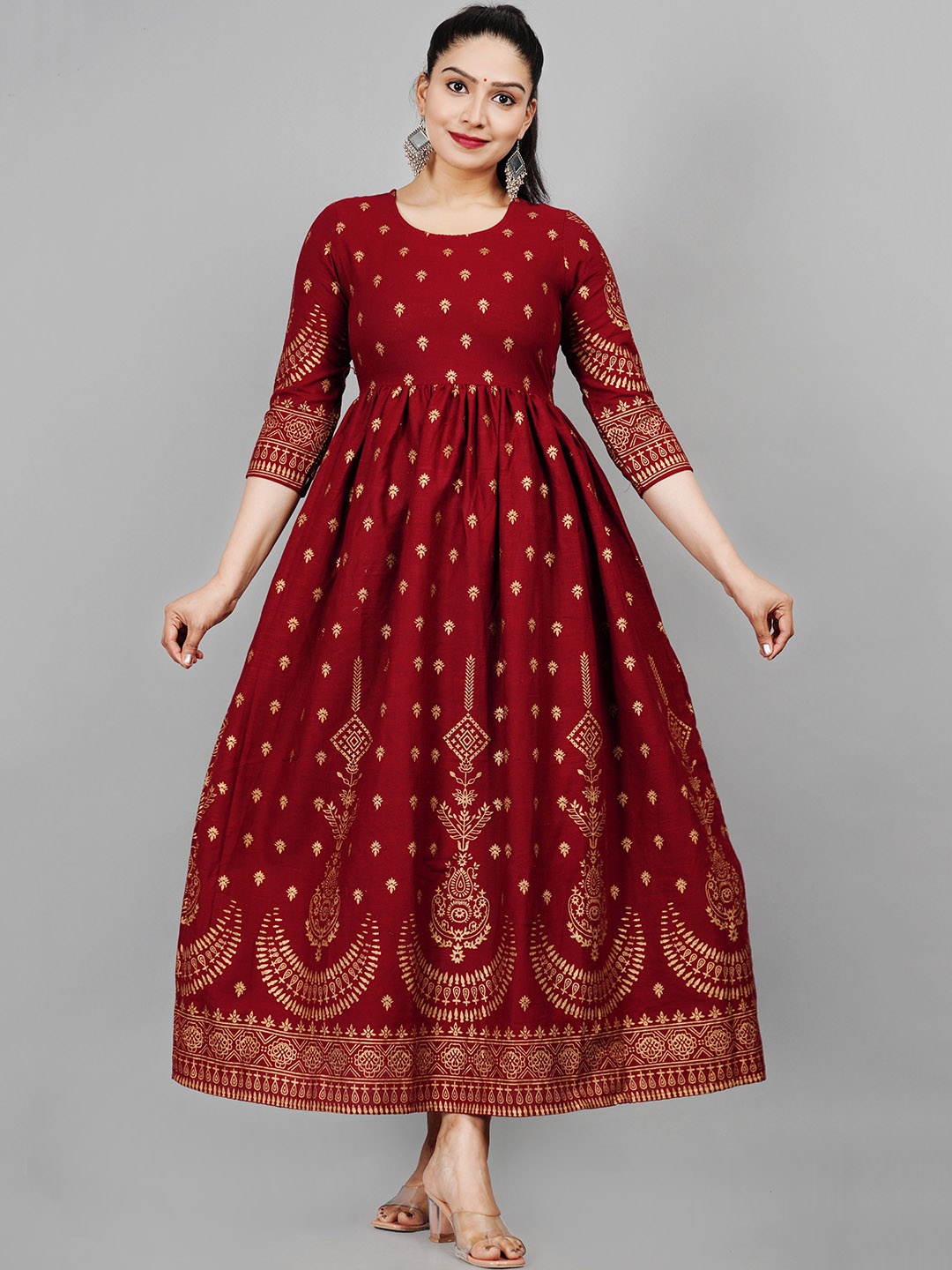 

KALINI Ethnic Motifs Printed Gathered Detailed Pure Cotton Maxi Ethnic Dress, Maroon