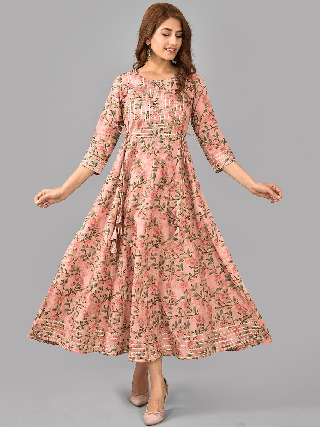 

KALINI Floral Printed Pure Cotton Fit & Flare Midi Ethnic Dress, Pink